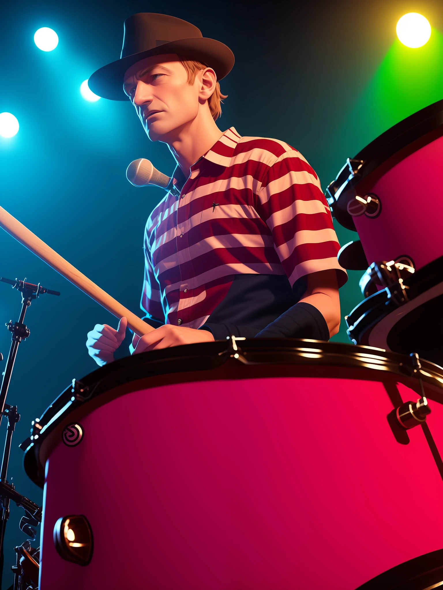 Fred Krueger playing drums well detailed party reflectors masterpiece hig definition intricate 8k great focus soft lighting Canon 50 ultra realistic detailed