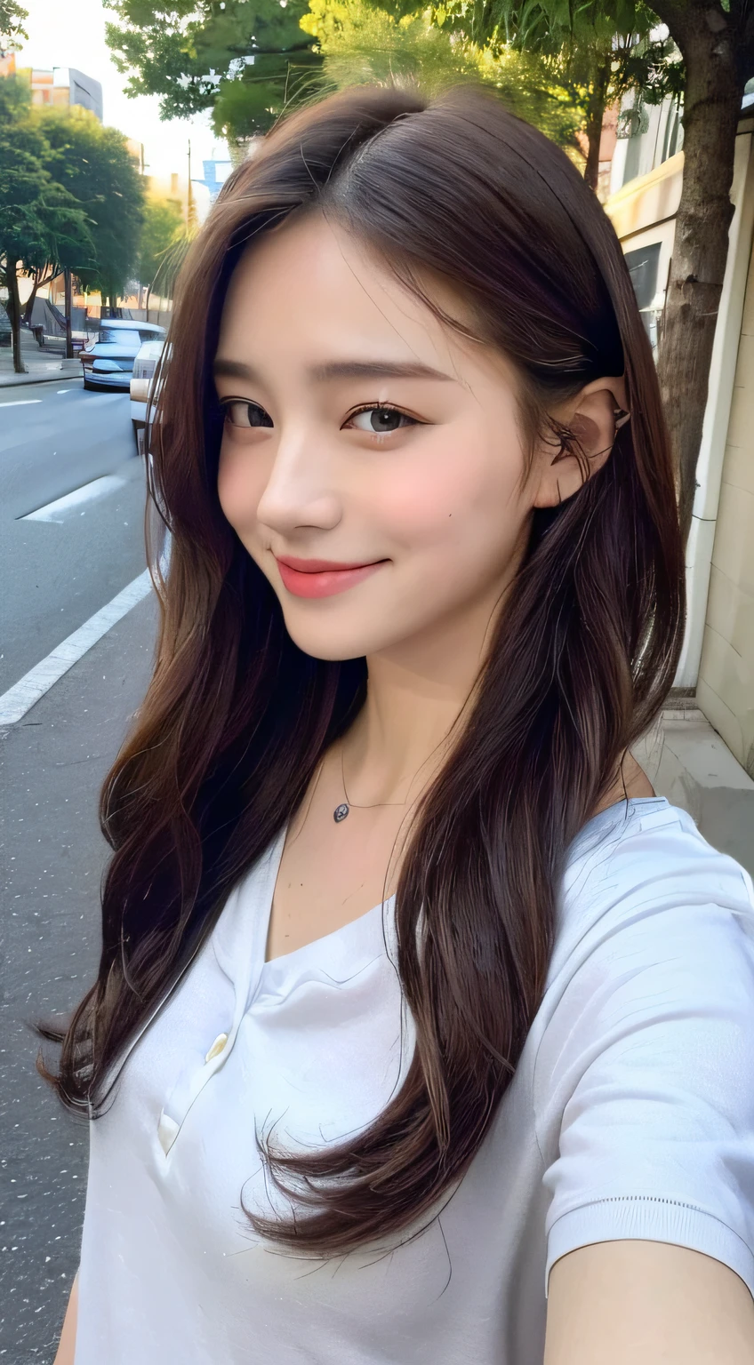 ((top-quality、8K、masterpiece:1.3))、1girl in、(Hairstyle Casual、small tits:1.2)、(Casual wear)、Super fine face、Delicat eyes、二重まぶた、A smile、In the street