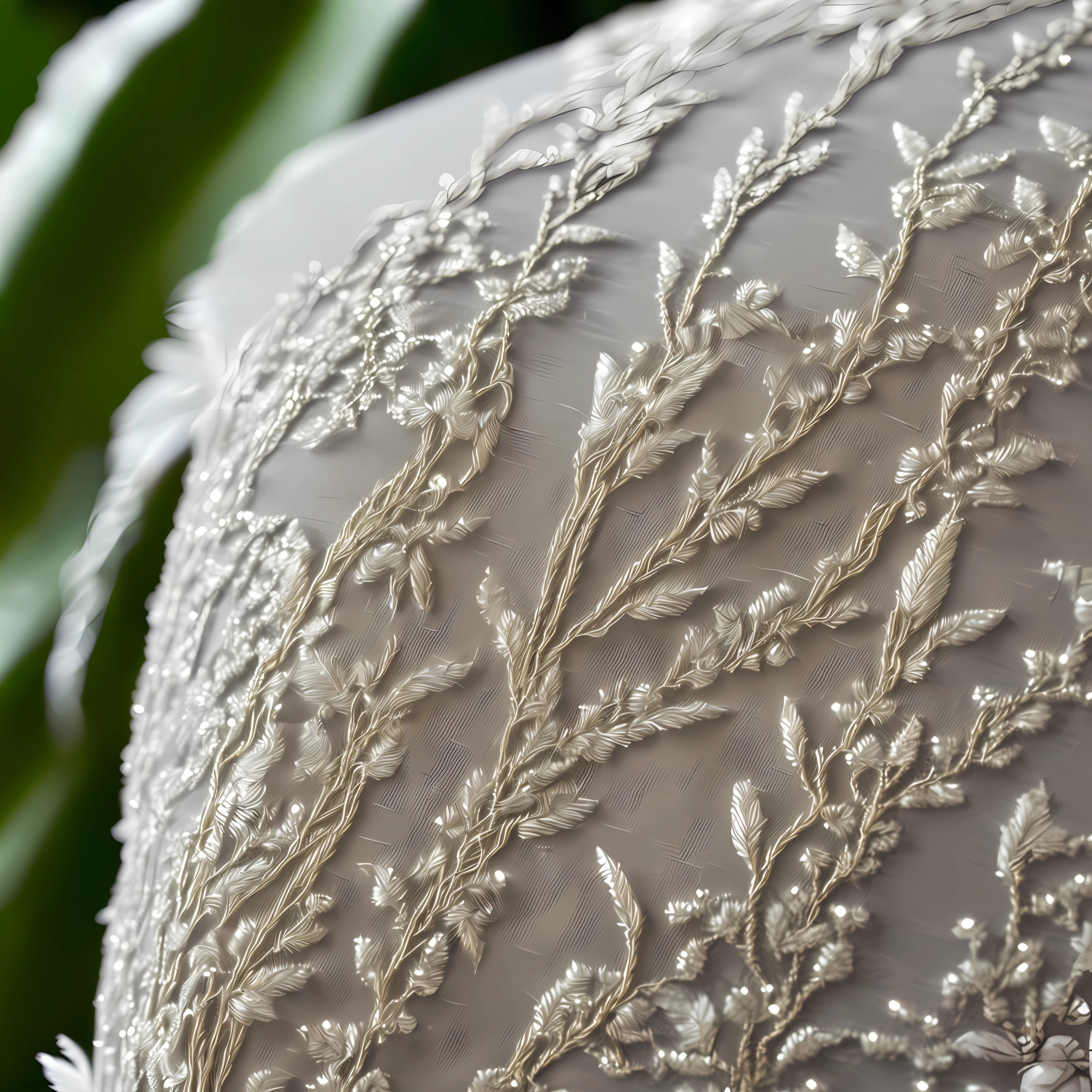 Close-up of a fragment of a dress embroidered with feathers in the form of flowers and knitted from silver threads of leaves sewn to flowers, Fragment of the hem of a skirt with a gradient transition from white to blue of a tulle dress, embroidered with Lunéville embroidery with white and blue beautiful textured feathers, arranged in the shape of a flower, In the middle of the flower is embroidery with shiny white rhinestones, Around the flowers, embroidery with smooth smooth silver threads, You can see every thread, A weave of these threads of lace in the form of leaves around the flowers,
Lots of light, topquality, 8k, Macro photography of a skirt segment, tmasterpiece, Cold lighting, glitter flies in the air, bokeh effect --auto