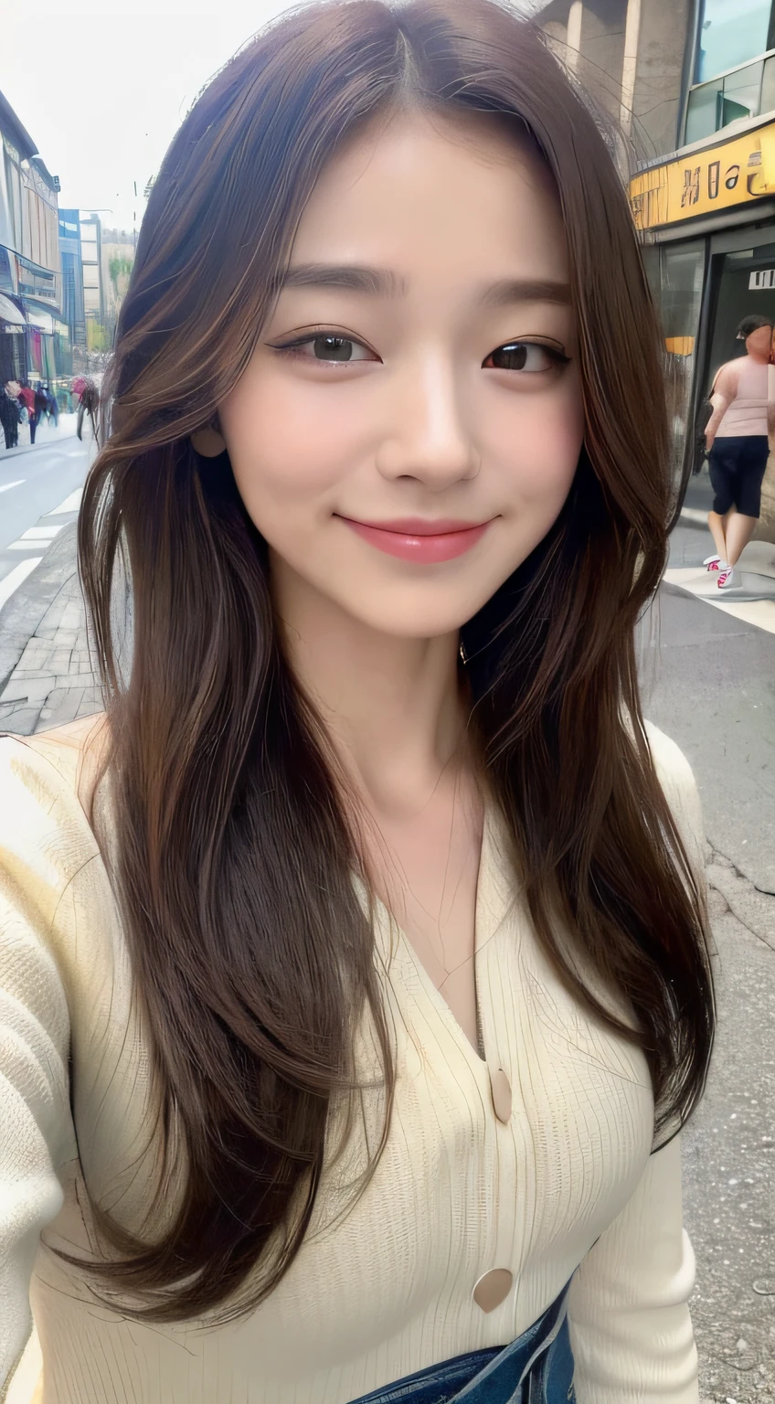 ((top-quality、8K、masterpiece:1.3))、1girl in、(Hairstyle Casual、small tits:1.2)、(Casual wear)、Super fine face、Delicat eyes、二重まぶた、A smile、In the street
