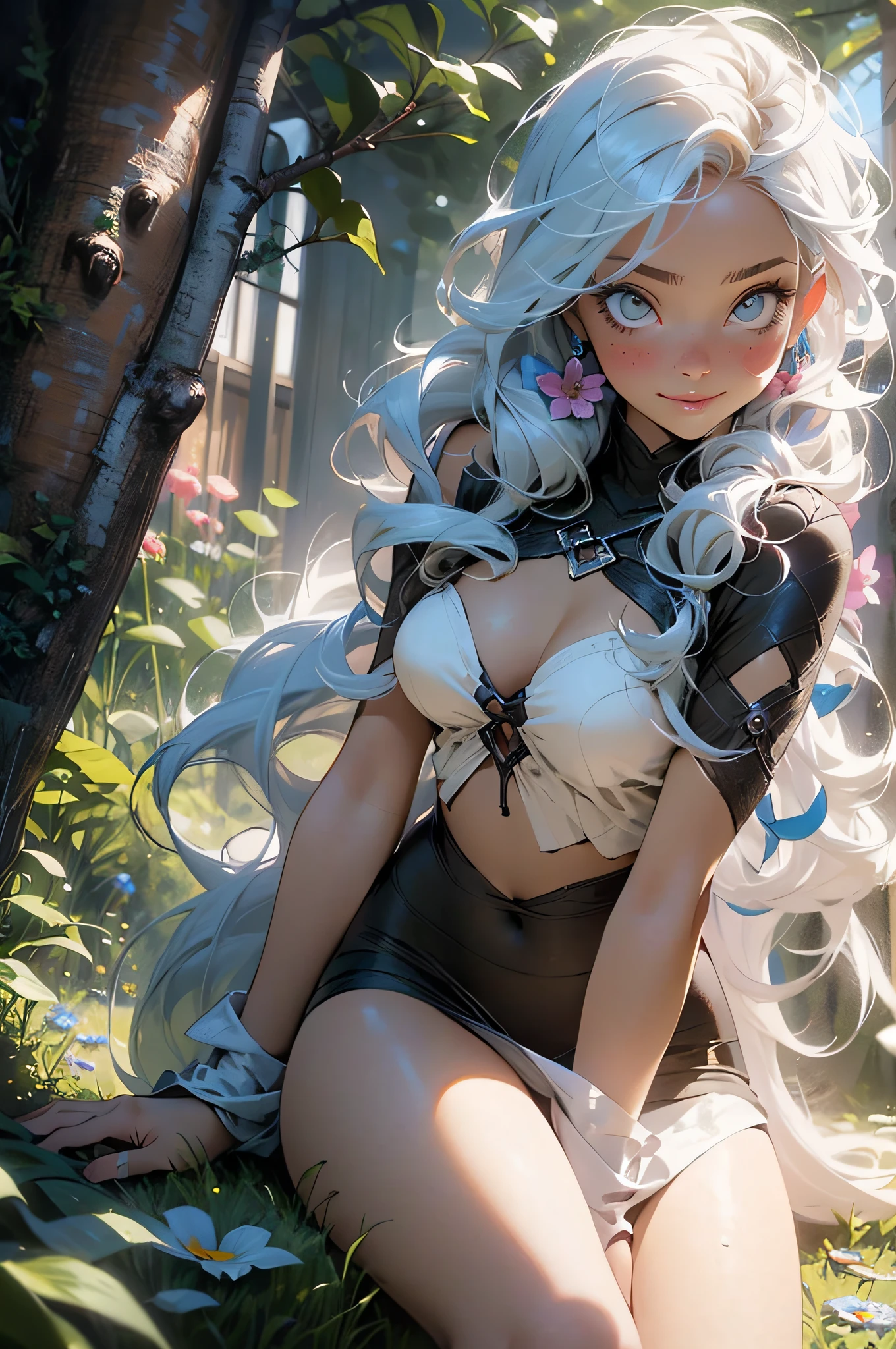 melancholy lighting, Quiet, calm, luminance, Masterpiece, Best quality, 1girll, (JinxLol:1.2), (The ultra-realistice:1.3), (Masterpiece:1.4), Best quality, ((Realistic)), High quality, Ultra detailed, ((Real image)), ((Realistic skin)), ((Realistic face)),(illustration:1.05), (Beautiful:1.05), (Beautiful detailed eyes:1.05), (Cinematic light:1.1), full body, Precise proportions, 18-year-old girl, skinny model lying on the grass, surrounding garden, shadow of the tree, BLUE hair fluttering in the wind, tulle, Long legs, Feet slightly open, buttocks, Blush, Shyness, 鎖骨, hason, double weave, Beautiful and delicate face, Fair skin, Real skin, (detail in face), pores, Super high resolution, 8K, Parameters Best quality, Masterpiece, Super high resolution, (Realistic 2.0), More details, Detailed skin, Transparent panties, Hefty Smile, White teeth, voluminous BLUE hair, perfect and well designed eyes, girlfriend, Beautiful, Beautiful, Flowers, Studio lighting