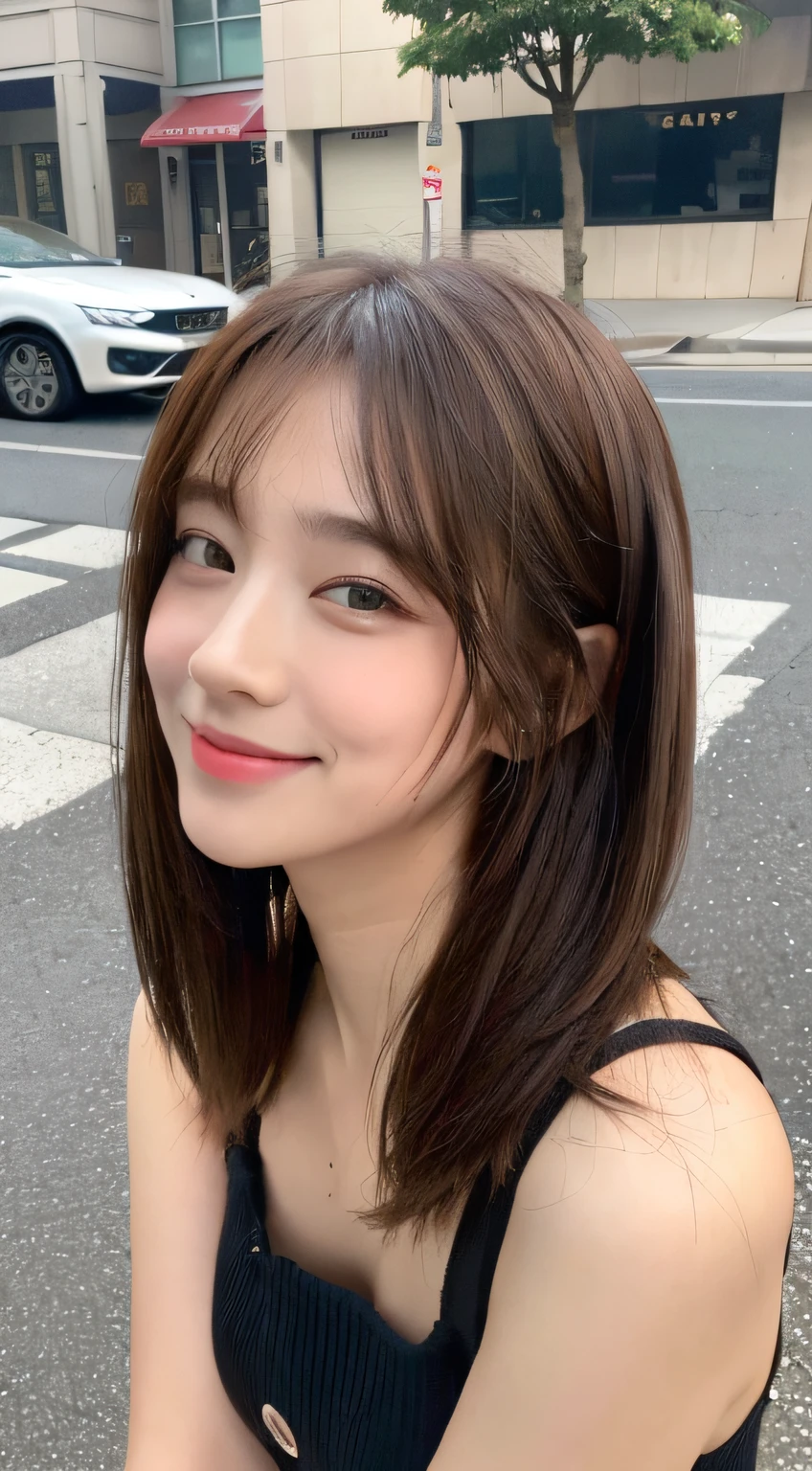 ((top-quality、8K、masterpiece:1.3))、1girl in、(Hairstyle Casual、small tits:1.2)、(Casual wear)、Super fine face、Delicat eyes、二重まぶた、A smile、In the street