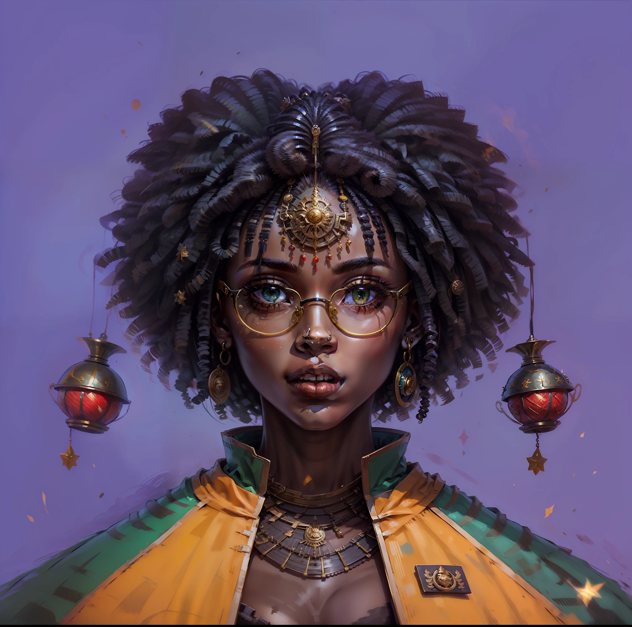 Mulher Com roupa de luxo verde e amarelo, with accessories, brincos, e pulseira em dourado, Woman with black features, mulher afro-americana, afropaty,brasileira, Green and yellow glasses with blue details, mulher com cabelo afro bem grande.