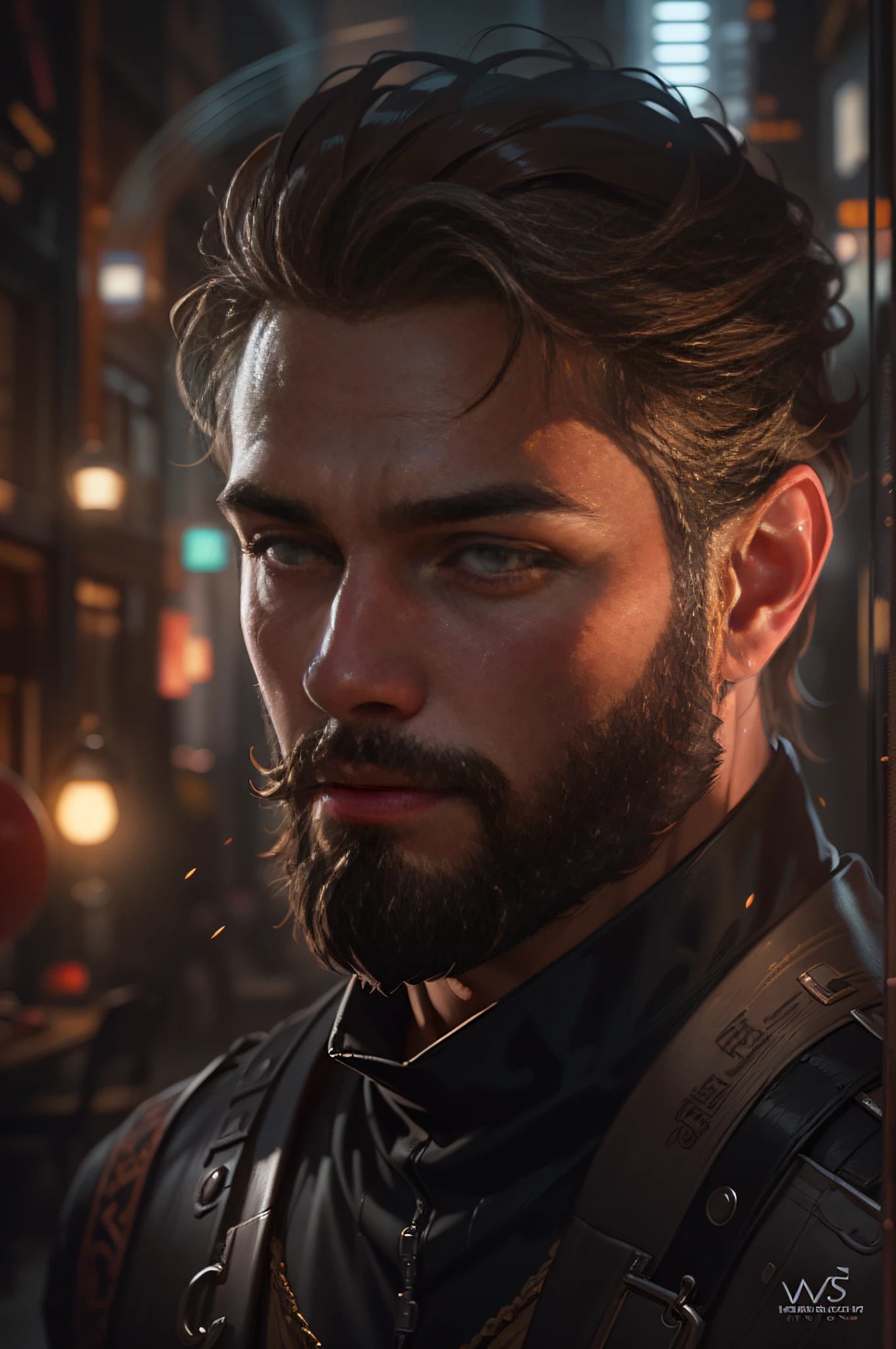 Portrait of a bearded man with hazel eyes, hazel eyes, Handsome, Muscular, Intricate, elegant, Glowing lights, Muscular, Highly detailed, Digital painting, art stations, concept-art, smooth, Sharp focus, illustration, art by wlop, mars ravelo and greg rutkowski