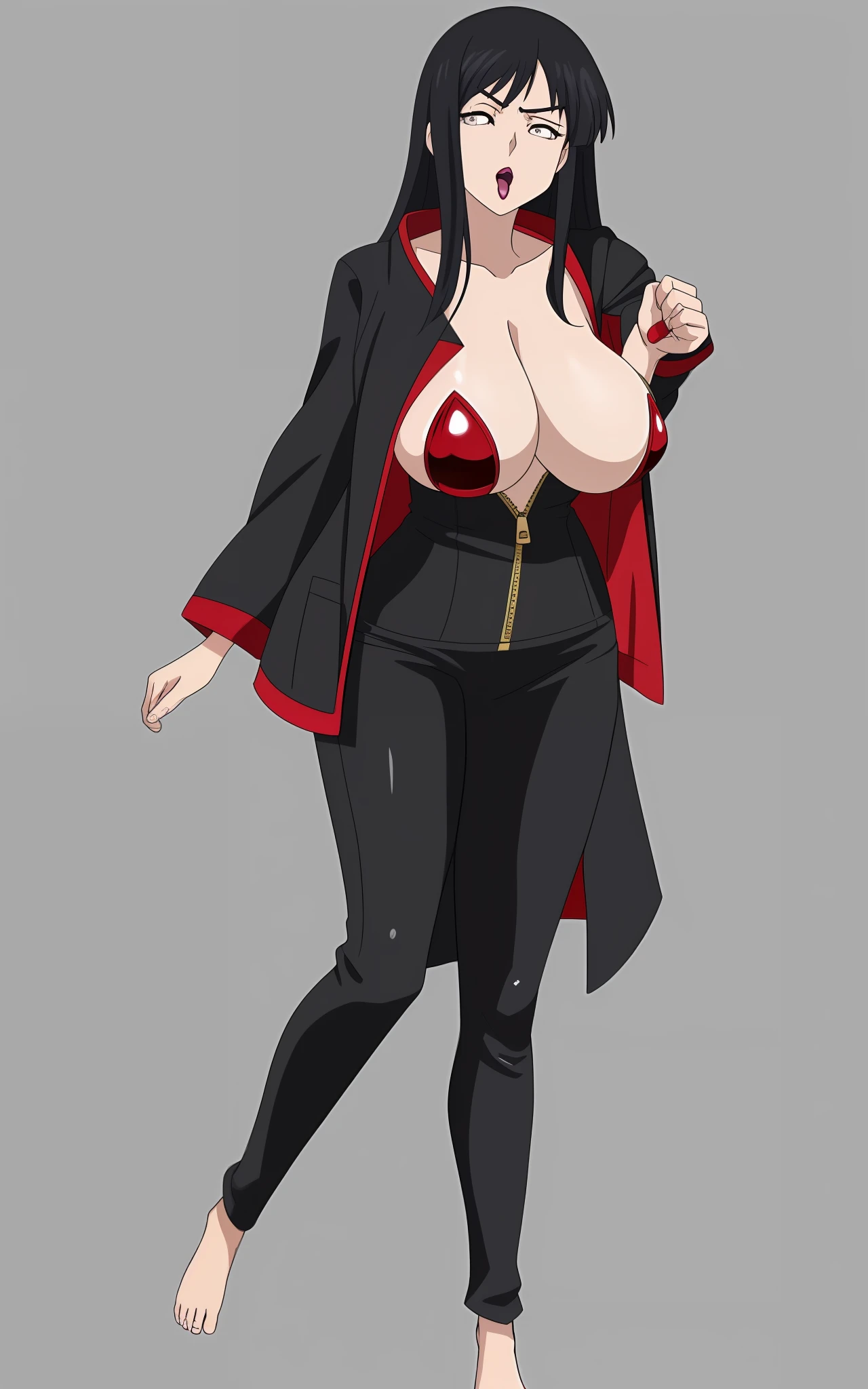 seductive anime girls, beautiful and seductive anime woman,black-haired mage, black-white skintight robes!, Anime goddess,Beautiful anime,tmasterpiece， High- sharpness， high high quality， Detailed face， detailed body render， Dark lips， Unzippered one-piece leather coat， exhibitionism，No bras， breasts out，， standing on your feet， Be red in the face，Full body photo，Orgasmic face，Eyes rolled up，Mouth open，The tongue is pulled out