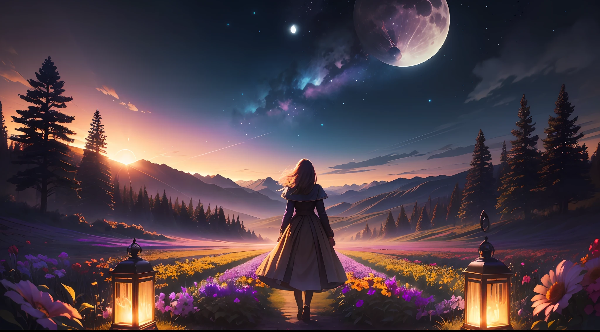 Photos of vast landscapes, (from below, the sky above, open fields below), the back of a girl standing on a flower field looking up, (Full Moon: 1.2), (Meteor: 0.9), (Nebula: 1.3), Distant Mountains, Trees BREAK Making Art, (Warm Light Source: 1.2), (Firefly: 1.2), Lamps, Lots of Purple and Orange, Intricate Details, Volumetric Lighting BREAK (Masterpiece: 1.2), (Best Quality), 4K, Ultra Detailed, (Dynamic Composition: 1.4), Detailed, Colorful, (Iridescent: 1.2), (Glow, Atmospheric Lighting), Dreamy, Fantastic, (Solo: 1.2) --auto