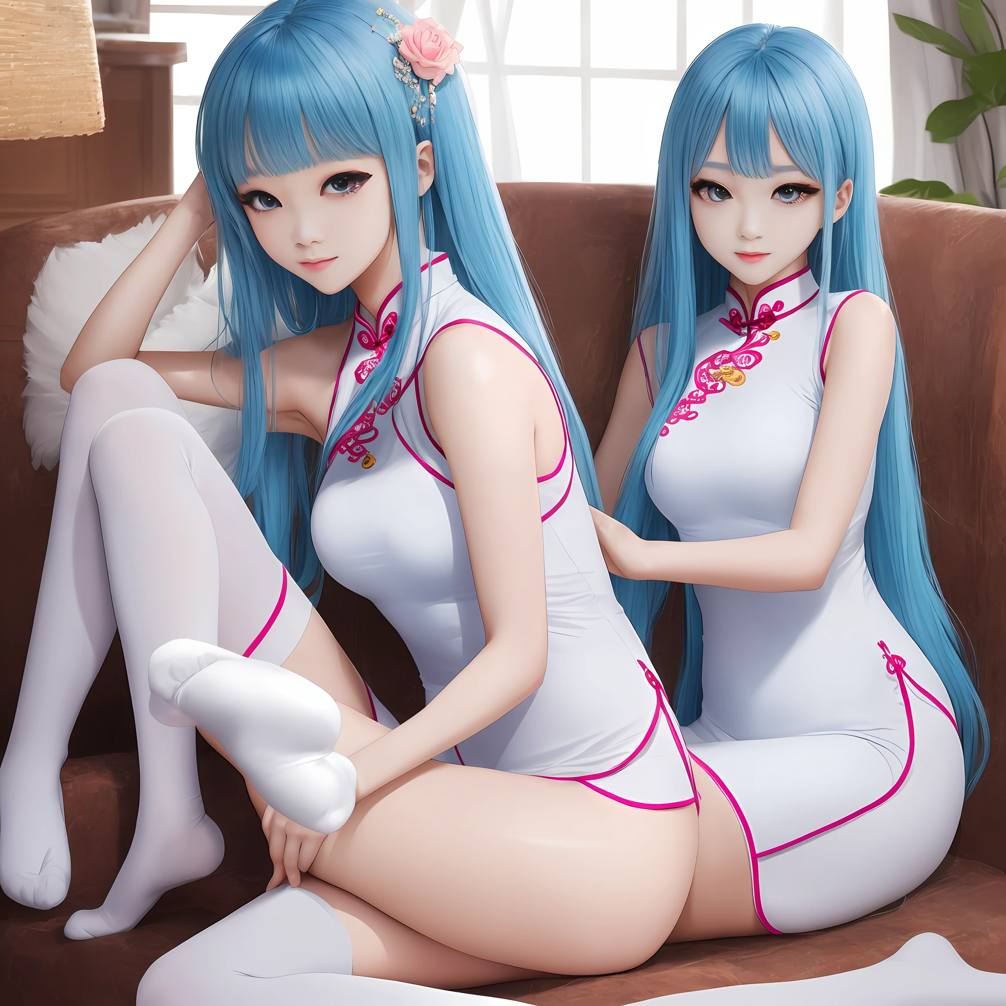 perfect bodies,blue hairs,Pink eyes,on cheongsam,white stockings --auto