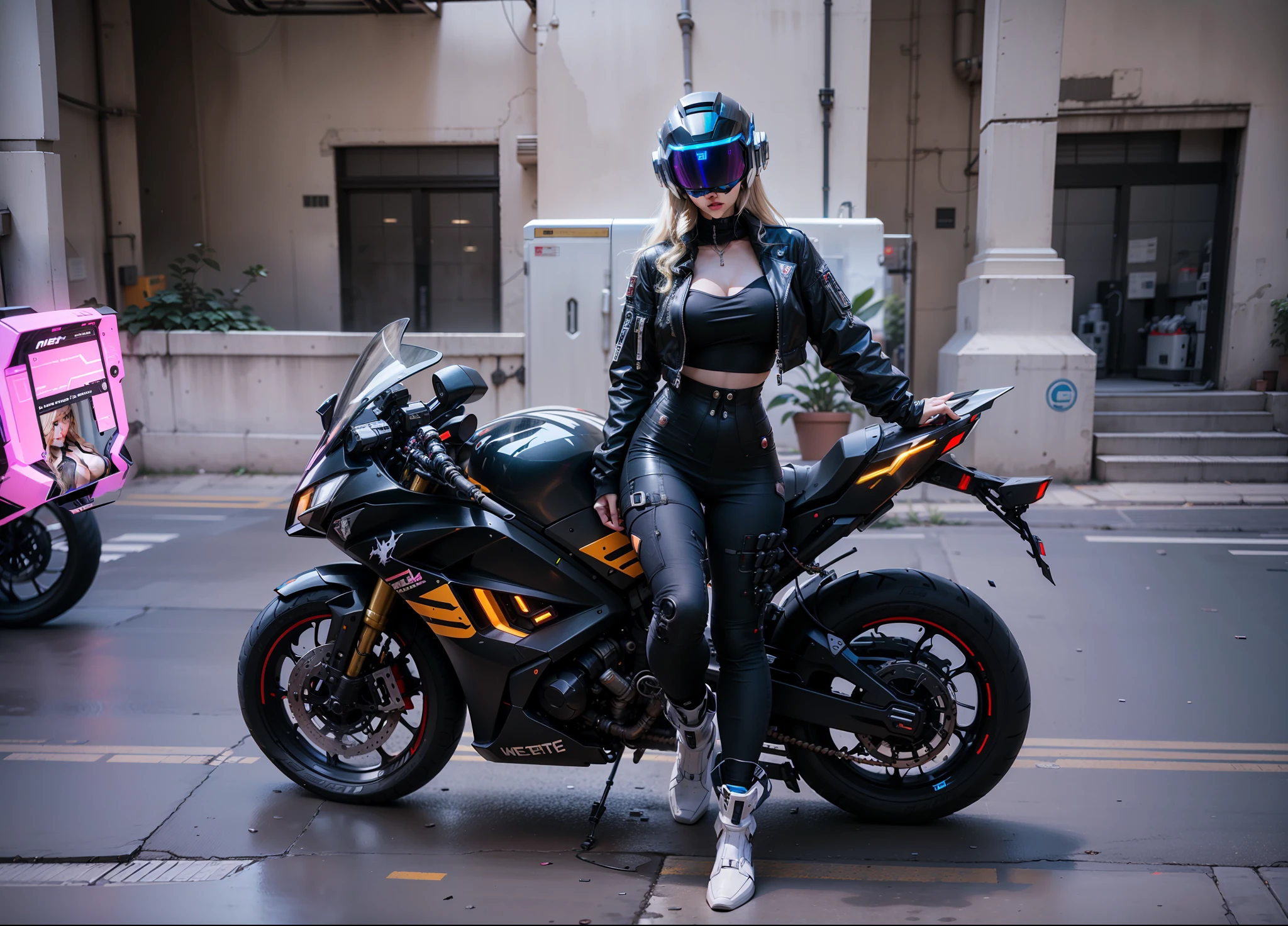Sexy Cyber Warrior，Long flowing blonde hair，White cyberpunk high-tech mech costume，White cyberpunk faceless helmet，Biomechanicals， MSHN Robot Woman，High-tech helmet，hyper realisitc， Steel， Complex design， insanely details， finely detailled， Extremely clear lines， cinmatic lighting， photograph realistic， A detailed masterpiece