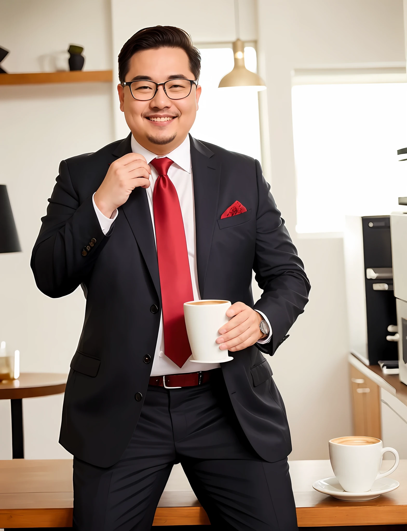 Man in suit and tie,Smiling,Wear glasses and a beard,Wear black leather shoes,short detailed hair,Slightly chubby figure,Fat without appearing greasy,The demeanor is relaxed and laid-back,Enjoy time drinking coffee,soft and warm lighting,The aroma of coffee is pervasive,Elegant and refreshing。