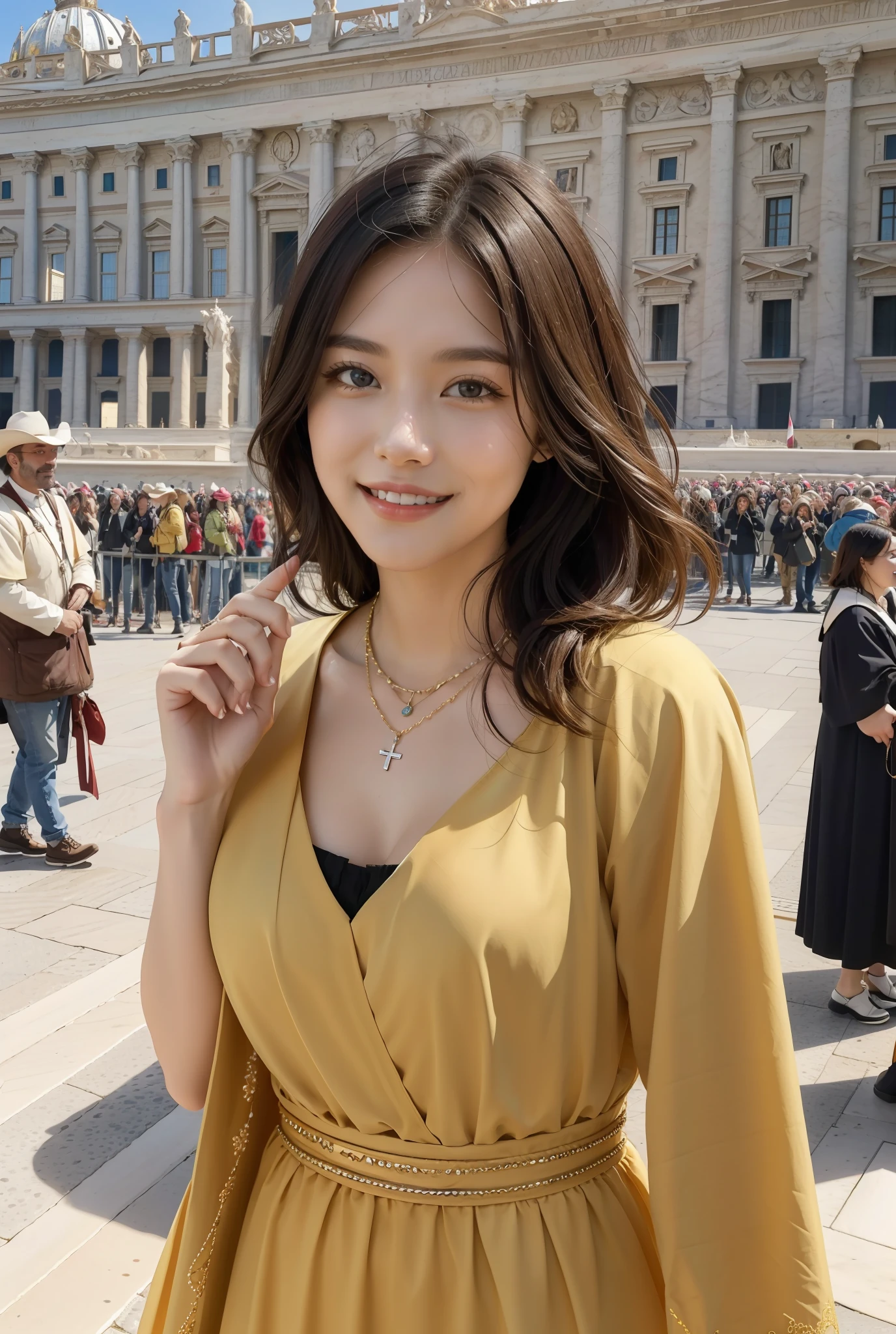 Masterpiece, 4K, Best quality, FELute, necklace,Gorgeous dress, (on the St. Peter's Square of Vatican,crowd),Bracers, Cowboy shot, view the viewer, Fake smile, Hand up