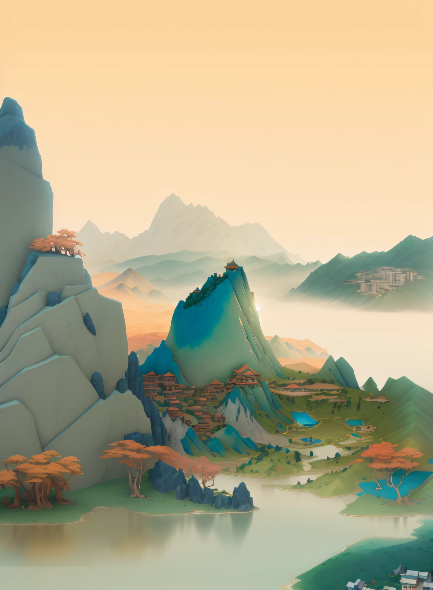 There is a caricature of the mountain,There is a lake in the middle, Detailed scenery —width 672, super detailed color lowpoly art, brittney lee, atey ghailan 8 k, author:Li Tiefu, beautiful landscape rendering, Chinese landscape, avatar landscape, Beautiful rendering of the Tang Dynasty, author:Lee Jeon-suk, lowpoly landscape