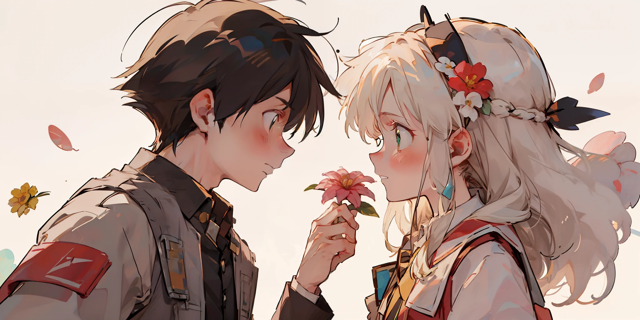 Profile, 1 long white haired girl with emerald green eyes and shy, 1 black haired boy giving her a flower, Looking at others, making eye contact, shirt, collared shirt