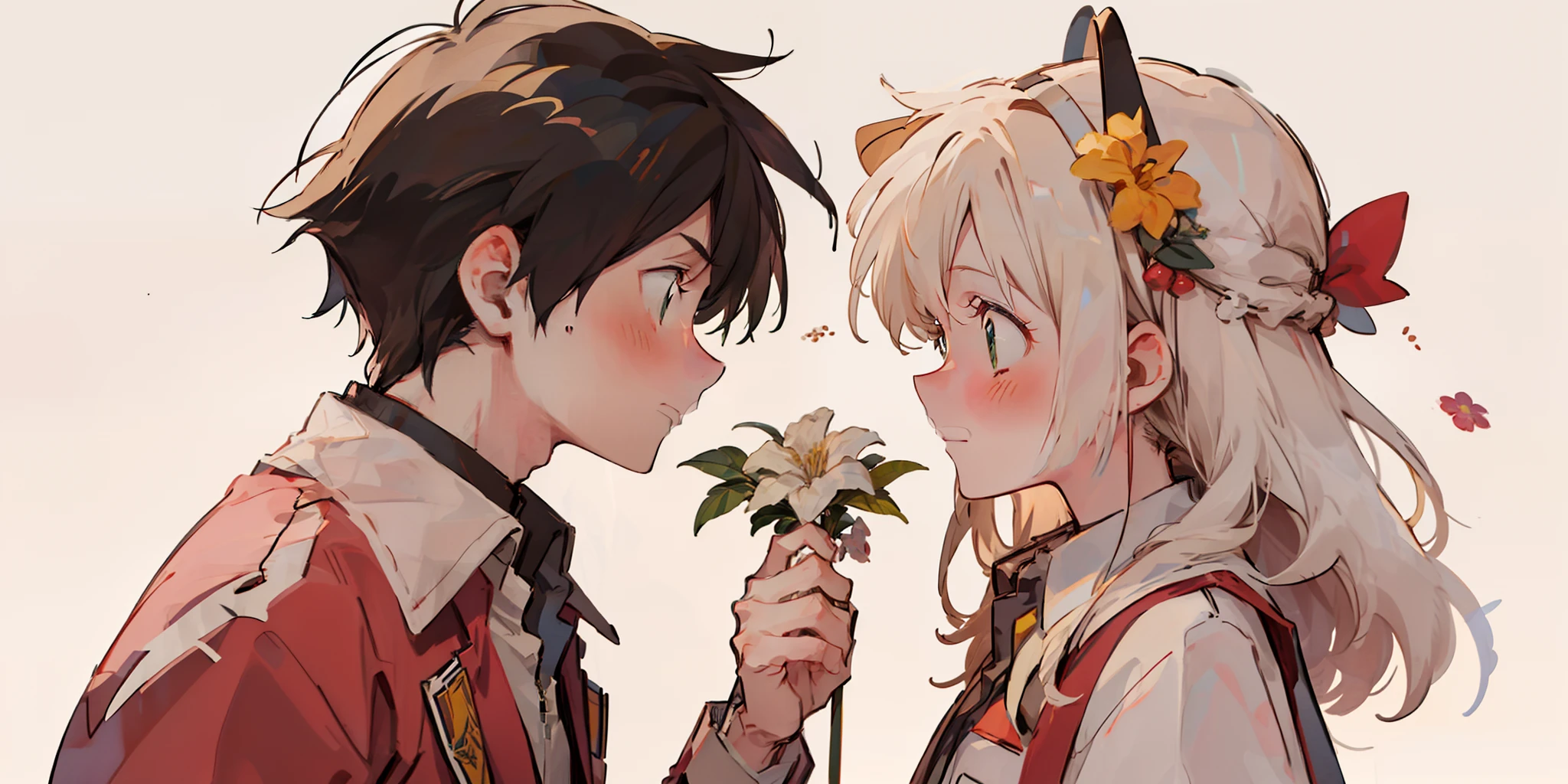 Profile, 1 long white haired girl with emerald green eyes and shy, 1 black haired boy giving her a flower, Looking at others, making eye contact, shirt, collared shirt