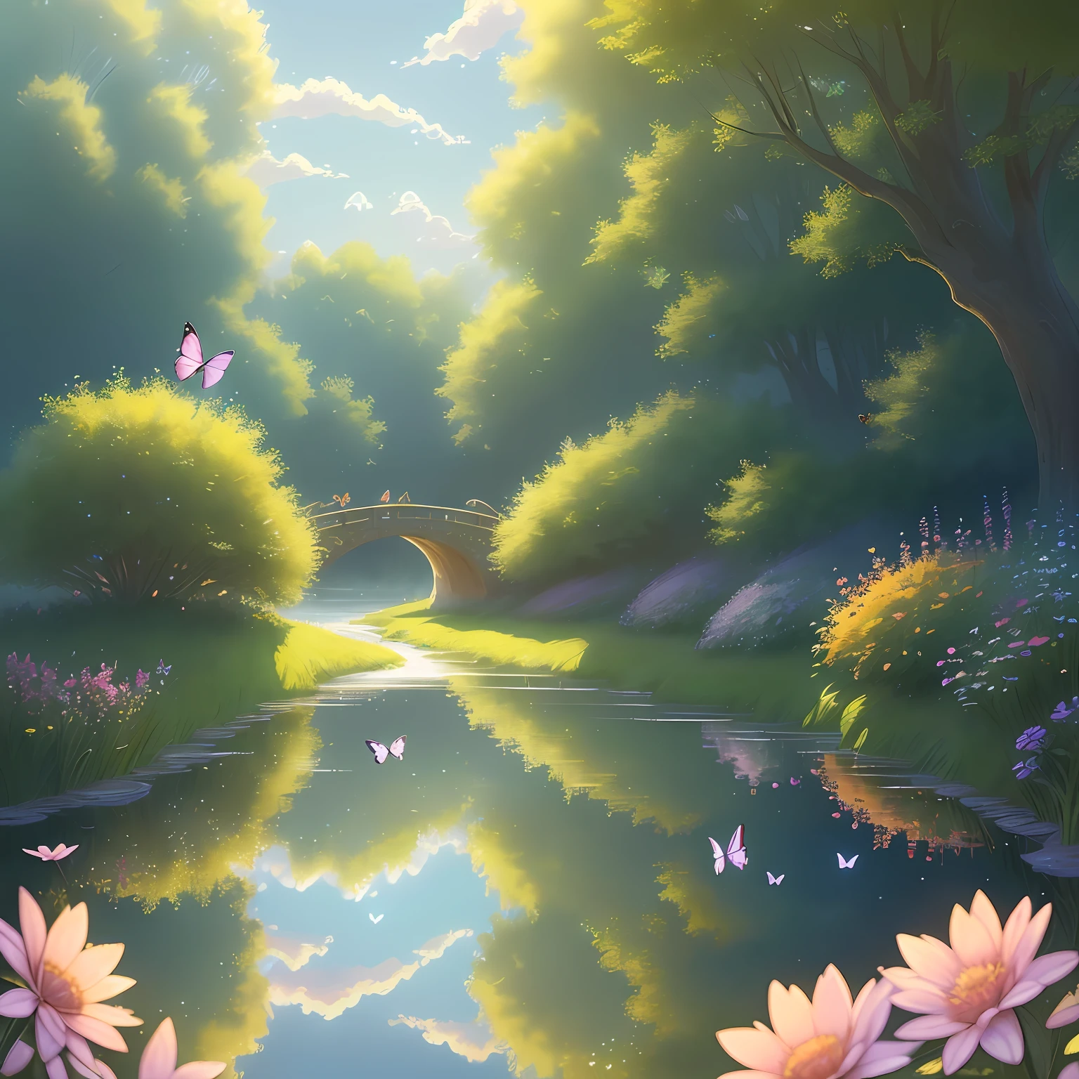 (extremely detailed and delicate CG illustration, Masterpiece Quality, The highest resolution),(magical illumination),(Butterflies fly around),(Dynamic Angle),(Summer),(Warmth during the day),(waterside),(Fantasy atmosphere),(sky reflection),(floating),(no human figures),(Fantastical)