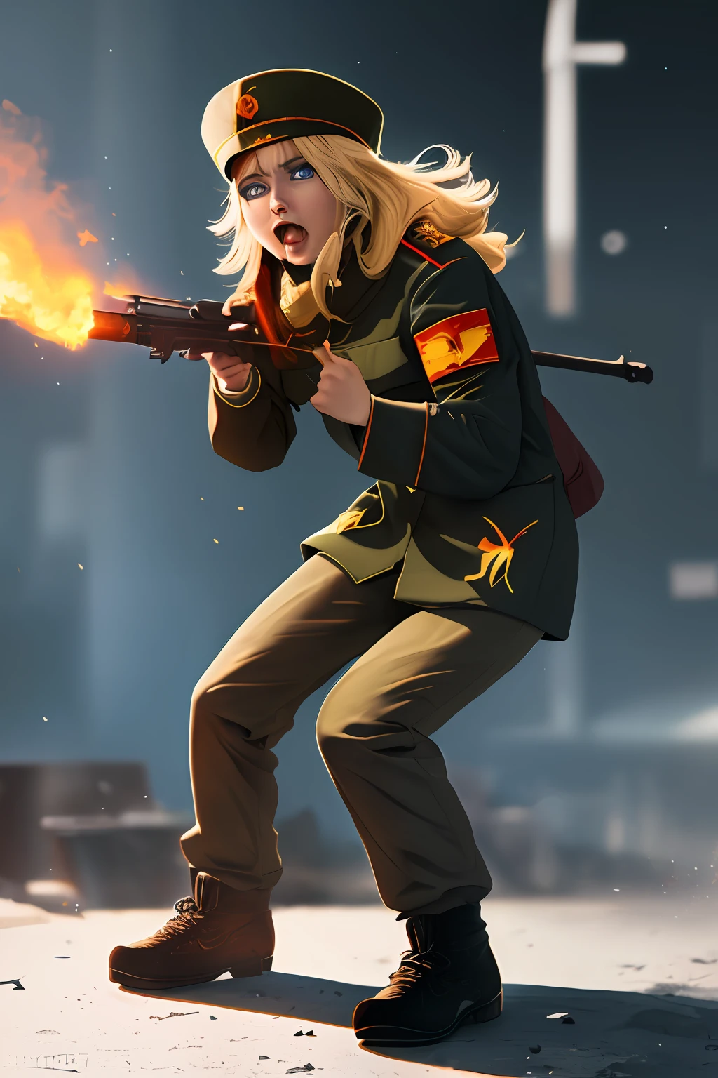(((((Cyka Blyat))))), Rudeus, 1Cyberpunk girl with Soviet uniform , Hard bass russa rudeus , ((in action)), grafico detalhista, trabalho grafico perfeito
