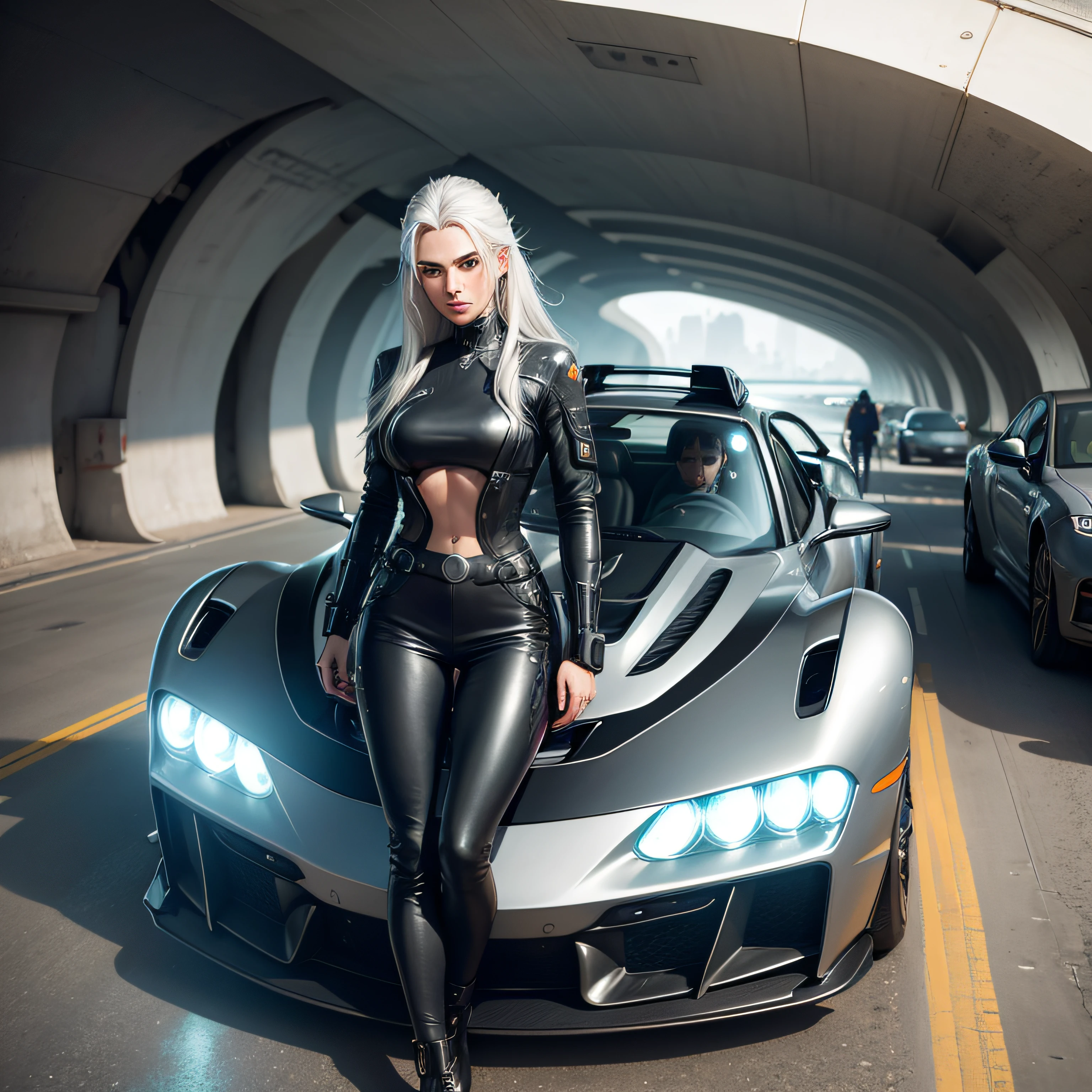 A mulher futurista, with his silver hair and cybernetic eyes, Enter the futuristic car of the latest generation. His fingers slid across the vehicle's holographic controls, que respondeu imediatamente aos seus comandos. She sped the car through the underground tunnels of the tech city, em alta velocidade, passeando entre outros carros voadores. The sense of power and freedom washed over his body as the futuristic landscape flashed past his gaze. She felt invincible, ready to challenge the frontiers of the technological world. --auto