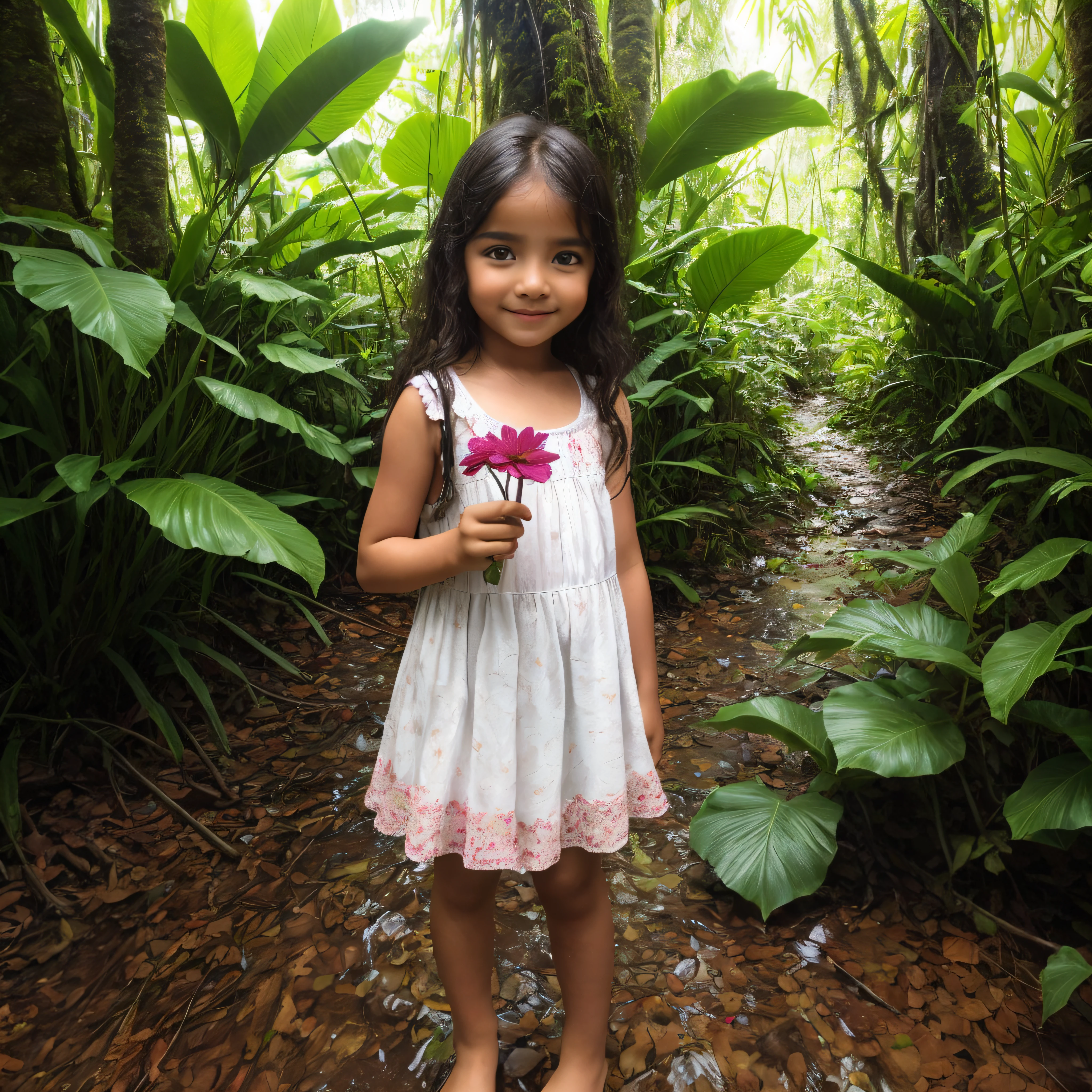 child girl, In the middle of the Amazon rainforest, Standing, corpo perfeito, cara bonita, sol no final da tarde, floresta densa, ultra alta qualidade, magia, misterioso, Realistic photo, Ultra HD | | , sorrindo, flower in hand