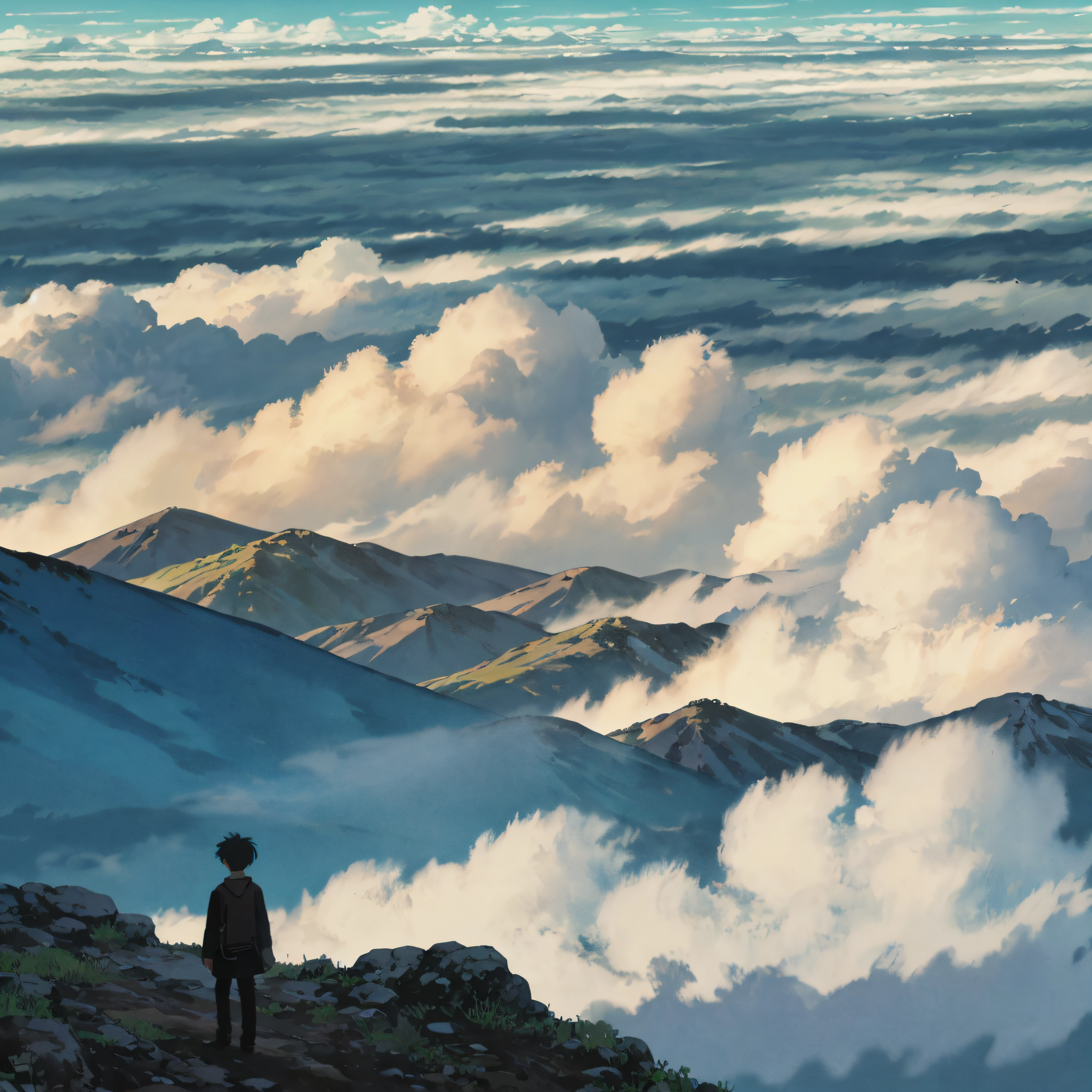 Viewpoint from high ground in the city、Vast sky、Beautiful cityscape seen in the distance、Dramatic graphics、Moving visuals、Into the cloud、the colorful natural light。