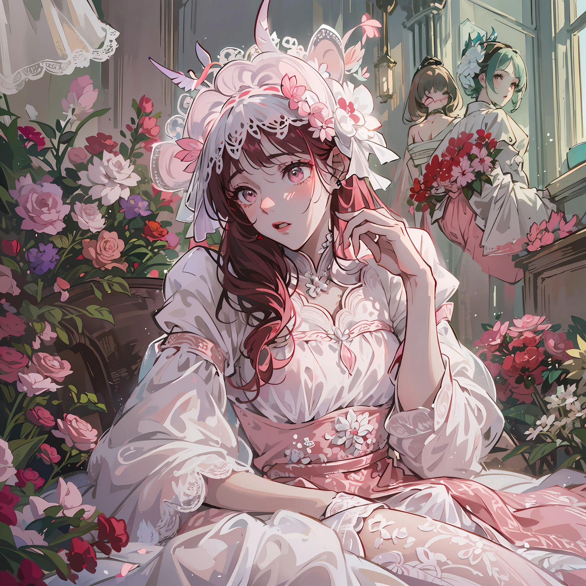 The picture is delicate，8K image quality，Delicate atmosphere。Girly head，Pink and white headdress，Red and white dress，Lace lace socks，whitegloves，Fair skin。White fairy，It's like a dream，Fascinating atmosphere。