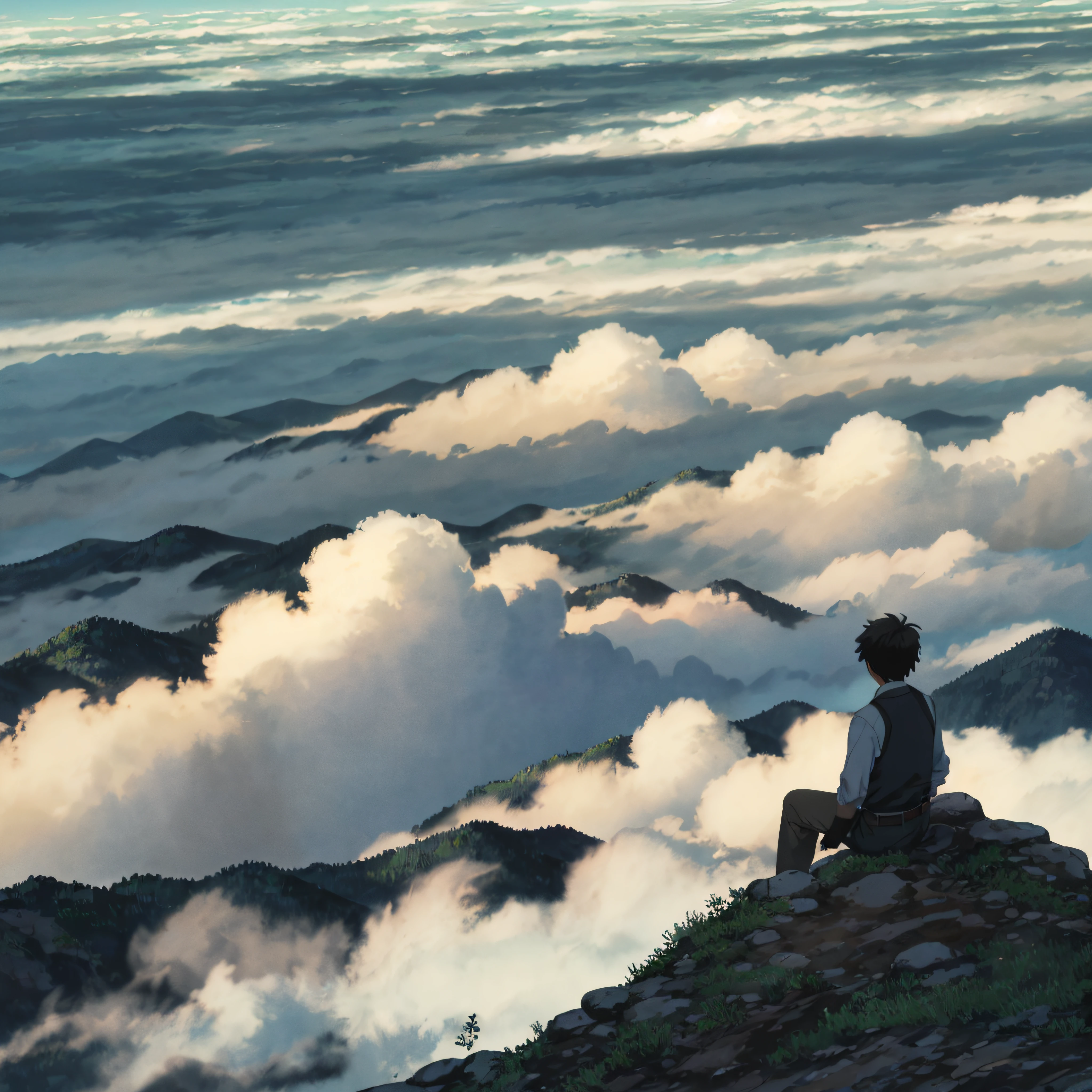 Viewpoint from high ground in the city、Vast sky、Beautiful cityscape seen in the distance、Dramatic graphics、Moving visuals、Into the cloud、the colorful natural light。