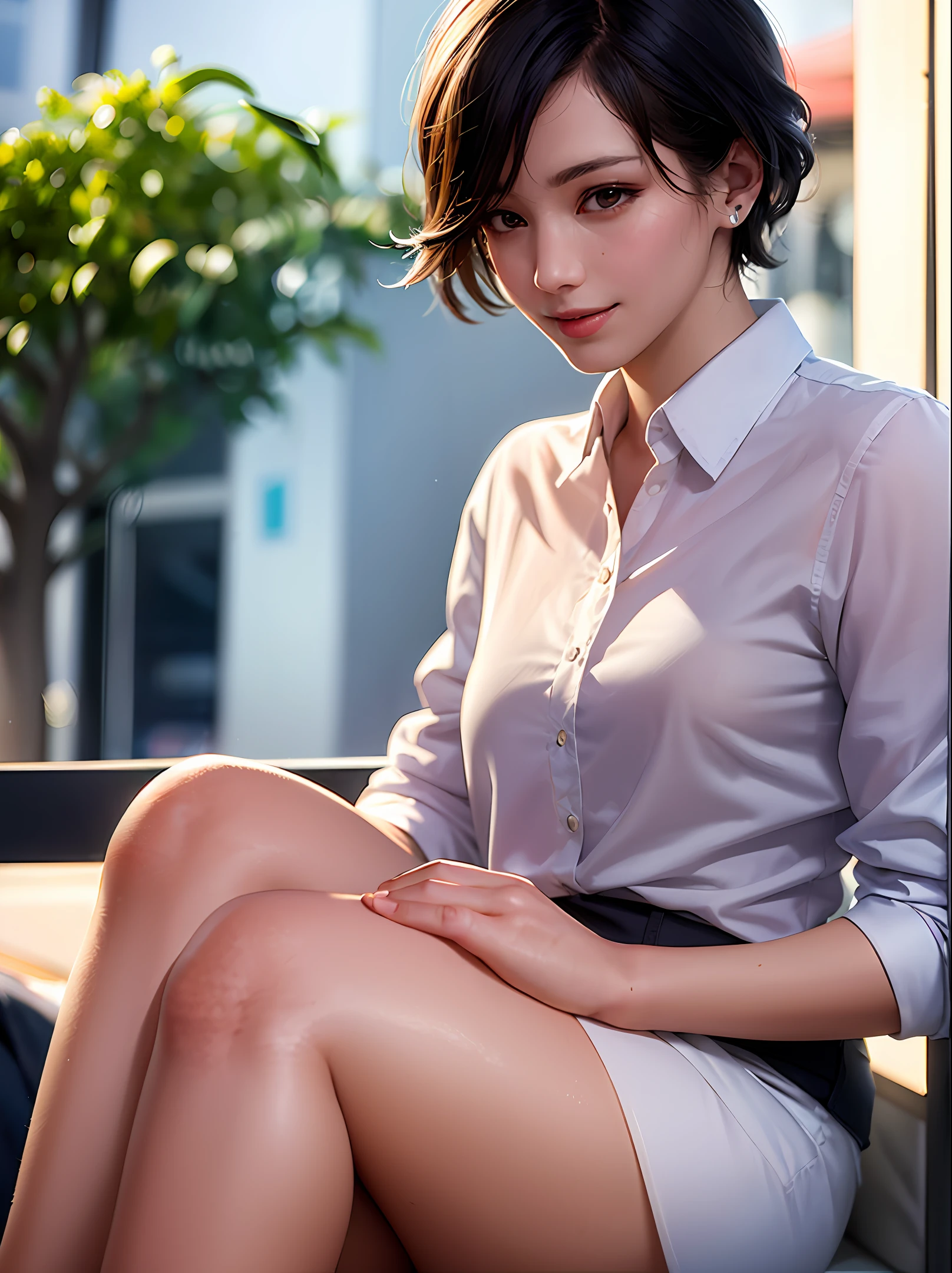 (8k, best quality, masterpiece:1.2), (realistic, photo-realistic:1.37), ultra-detailed, 1 girl, cute, solo, beautiful detailed sky, detailed cafe, night, sitting, dating, (nose blush), (smile:1.15), (closed mouth) small breasts, beautiful detailed eyes, (collared shirt:1.1), night, wet, business attire, rain, white lace, (short hair:1.2), floating hair NovaFrogStyle, topless,