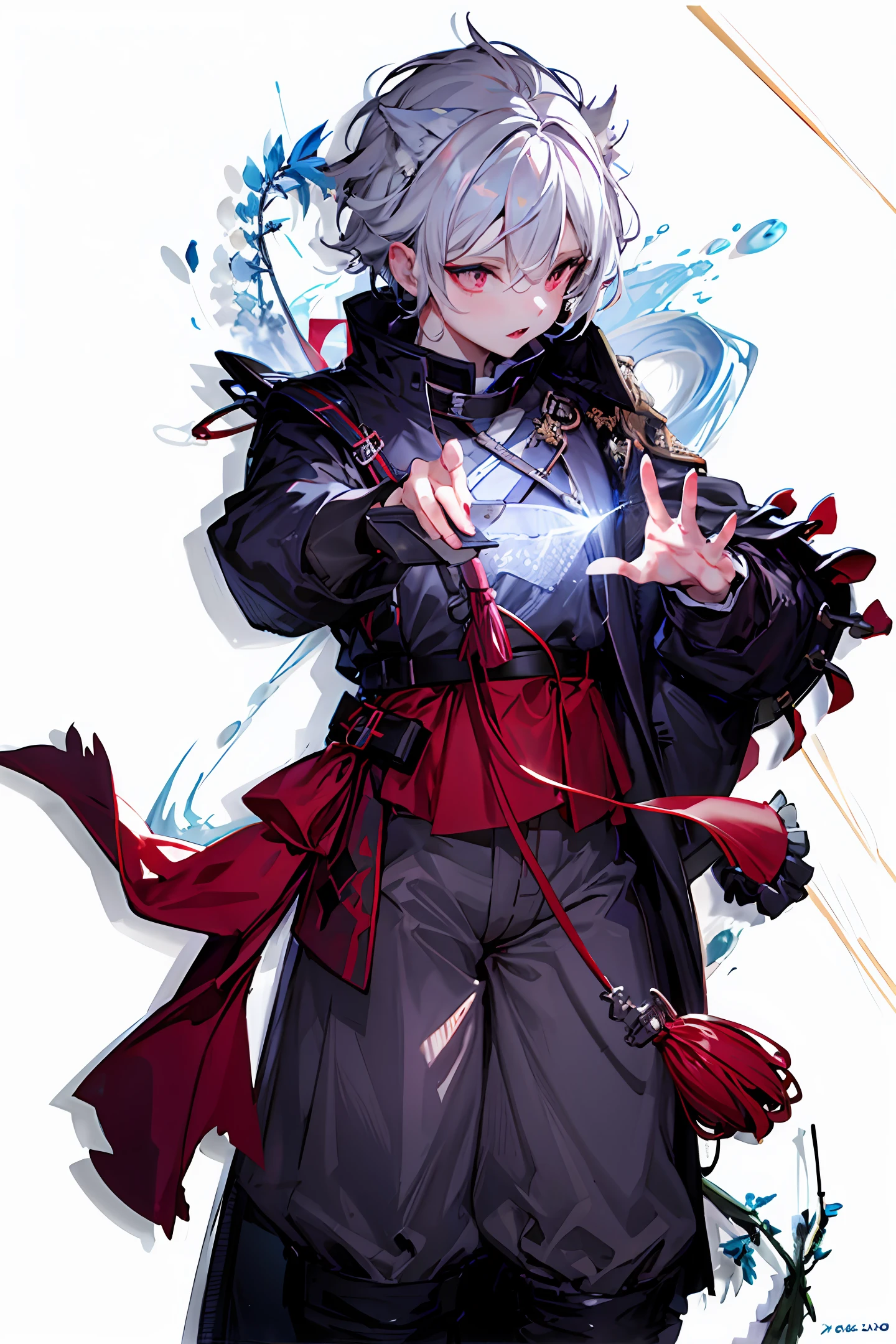 Two-dimensional handsome guy, domineering, gloomy, red clothing, tall and slender, holding a black and red knife and a black and blue knife
Cool sassy