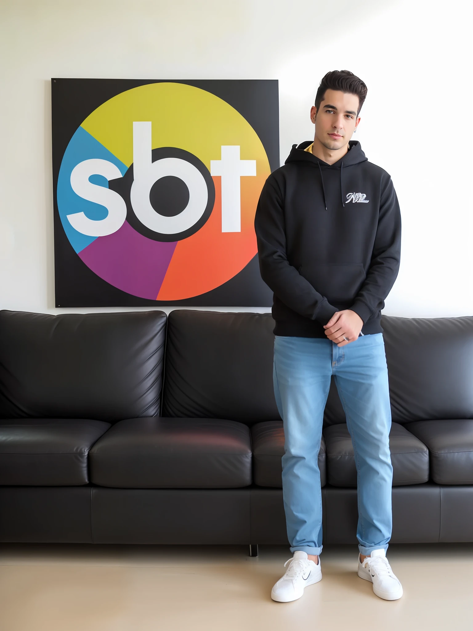 Arafed man sitting on a black leather sofa with a colorful SBT station frame behind, wearing jeans and a black hoodie (Foto perfeita, nitida, alta resolução, 4k, perfeita, foto realista, retrato, full hd ,cores vibrantes)