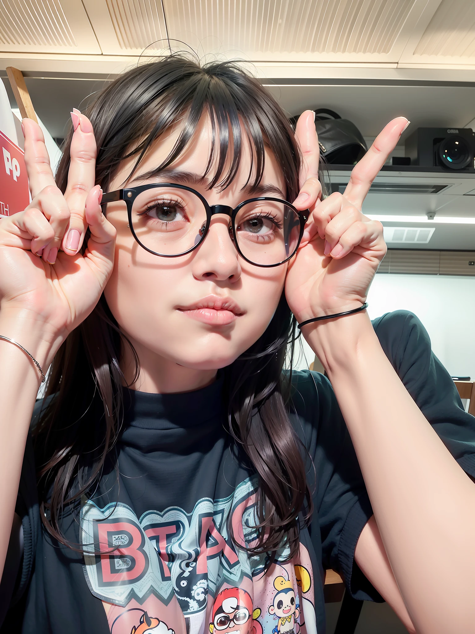 There was a woman with glasses raising her hands, wearing thin large round glasses, she wears harry potter glasses, wearing small round glasses, wearing big black circle glasses, With glasses, eye glass, clear cute face, she has a cute expressive face, wearing black rimmed glasses, young cute wan asian face, She has a cute face, chiho