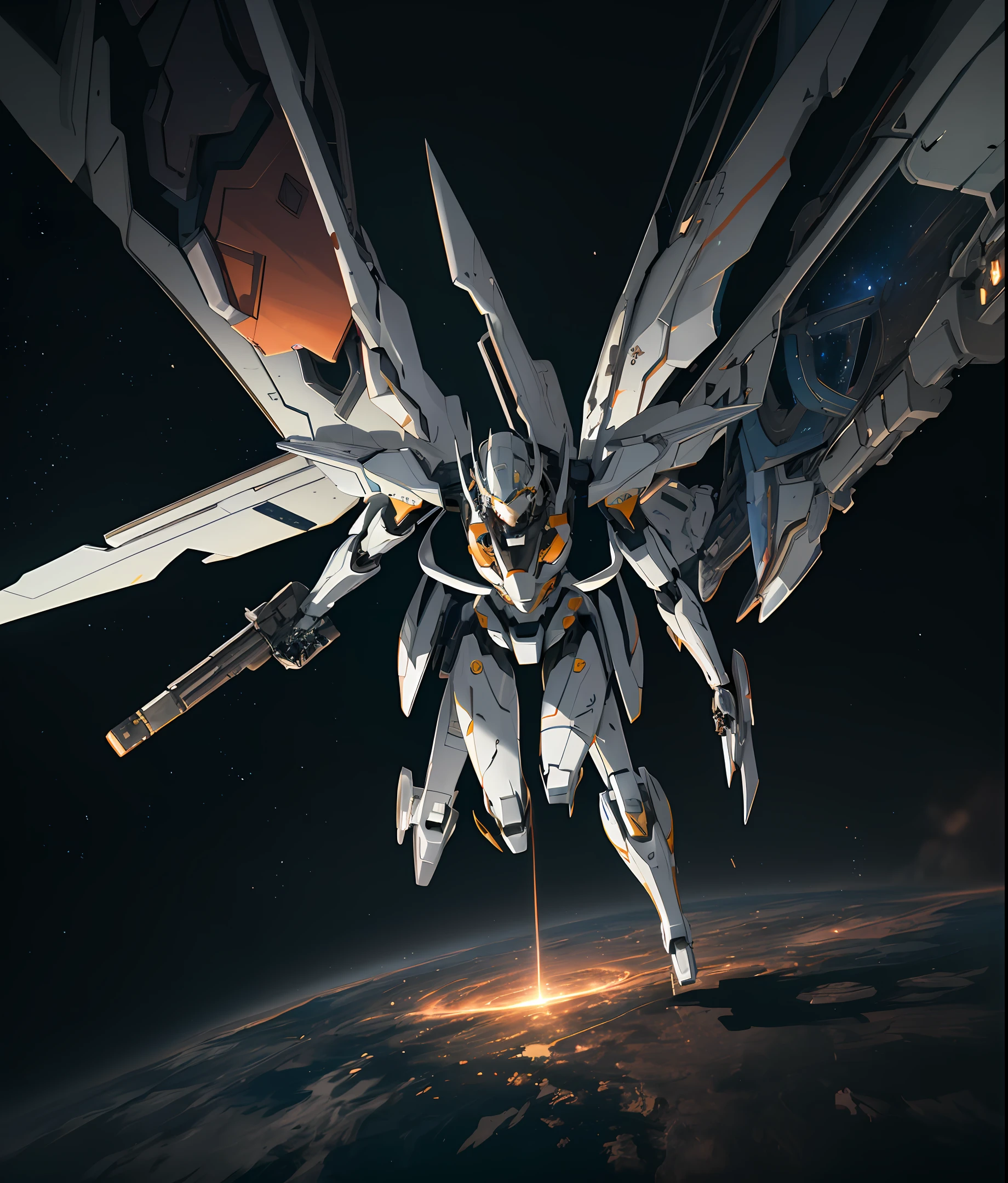 ((Best quality)), ((masterpiece)), (highly detailed:1.3), 3D, beautiful, (cyberpunk:1.2), in space, nebula, holding_weapon, (1Female mecha:1.3), facing the viewer, glowing eyes, full body, (flying, swooping down, dynamic, motion blur: 1.4), (huge mecha wings: 1.6), looking up, glowing_eyes, mecha, panorama, background is earth, nebula, space, particles, reality, HDR (High Dynamic Range), Ray Tracing, NVIDIA RTX, Super Resolution, Unreal 5, Subsurface Scattering, PBR Texturing, Post Processing, Anisotropic Filtering, Depth of Field, Maximum Clarity and Clarity, Multilayer Textures, Albedo and Specular map, Surface shading, accurate simulation of light-material interaction, perfect proportion, Octane Render, two-tone lighting, large aperture, low ISO, white balance, rule of thirds, 8K RAW, efficient sub-pixel, sub-pixel convolution,