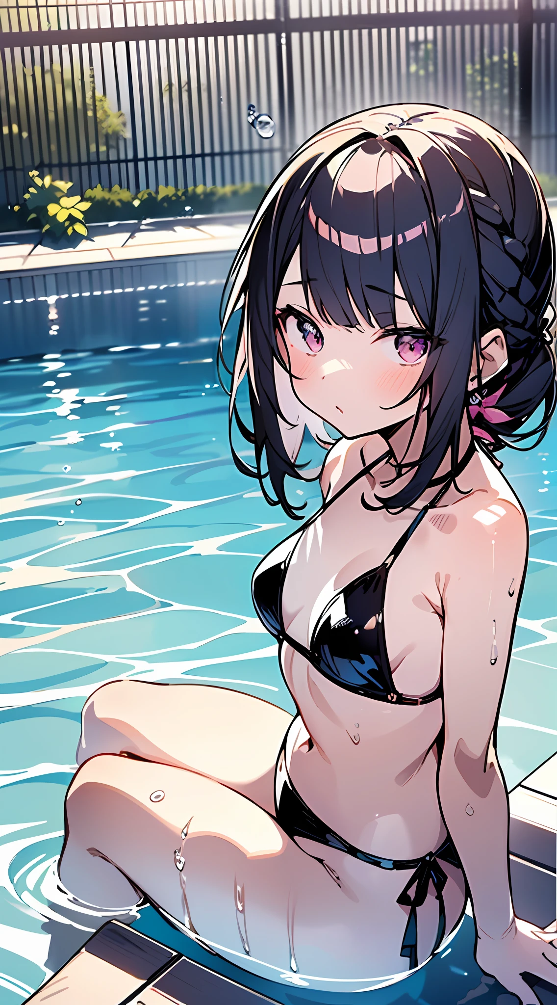 (Incredibly ridiculous absolute resolution:1.5)、Anime girl in glamorous pink bikini, anime moe art style, Seductive Anime Girl,Anime , 8k Manga Wallpapers,((small curvy loli pretty anime girl,((swimming pools))、(The length of hair to the shoulders)、(short braided hair)、Beautiful anime girl, (Anime Girl), clean detailed anime art