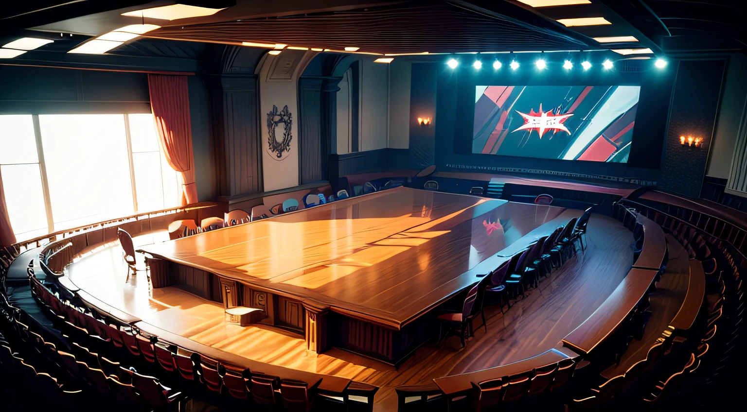 Animation style,Comic book scene,Overlooking,Venue,Chamber,Long table --auto