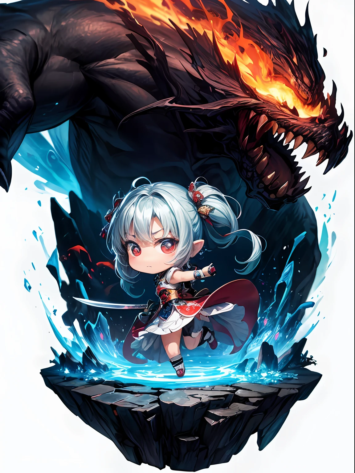 masterpiece, best quality, highres, cinematic lighting, dramatic angle, ultra-detailed, illustration, 8k, Digital illustration., (In the colorful fantasy world, a seductive woman with red eyes, adorned in a white traditional Korean princess outfit, wields a katana, jump attack against the background of a monster staring at her eagerly), with a backdrop of peculiar creatures eagerly eyeing her.),Enchanting, mystical, otherworldly, alluring, bewitching, captivating, enigmatic., LAVA , FIRE , MONSTER ,Hight detail , ((Chibi , cutie:1.5))
