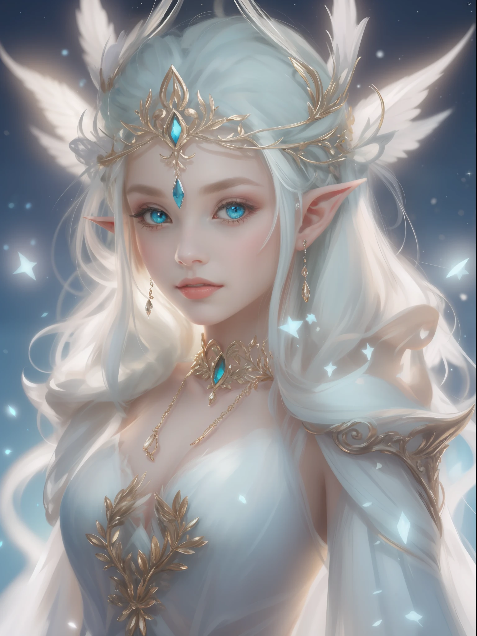 A woman with a crown and a TIA on her head, beautiful and elegant elf queen, Guviz, Fantasy art style, 8K high quality detailed art, Elf Princess, alluring elf princess knight, digital fantasy art , beautiful elven princess, beautiful and elegant female elf,（Perfect full-body portrait），（WLOP painter style，glitters，Blue sparkling eyeshadow）， (long  white hair，White-colored skin，Elf Girl，The skin is translucent white，sparkle in eyes，The elves were dressed in pure white)，beautiful  face，Lonely pale face，facing to audience，Particle，Glow，Guviz-style artwork, WLOP Art