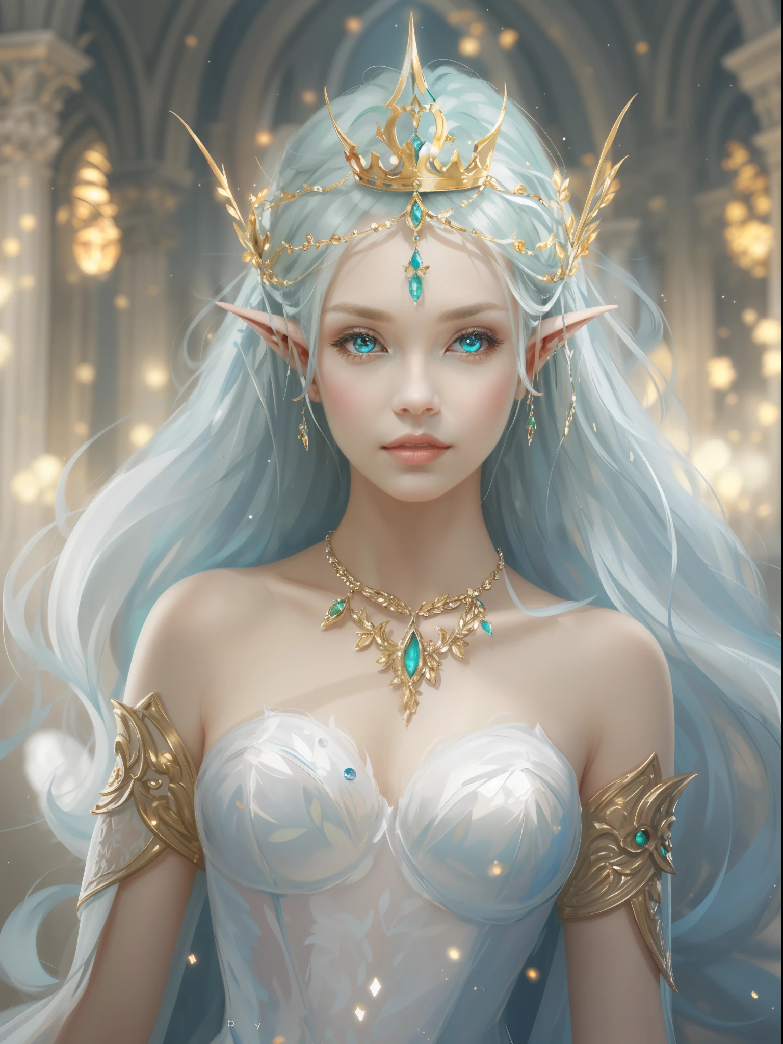 A woman with a crown and a TIA on her head, beautiful and elegant elf queen, Guviz, Fantasy art style, 8K high quality detailed art, Elf Princess, alluring elf princess knight, digital fantasy art , beautiful elven princess, beautiful and elegant female elf,（Perfect full-body portrait），（WLOP painter style，glitters，Blue sparkling eyeshadow）， (long  white hair，White-colored skin，Elf Girl，The skin is translucent white，sparkle in eyes，The elves were dressed in pure white)，beautiful  face，Lonely pale face，facing to audience，Particle，Glow，Guviz-style artwork, WLOP Art