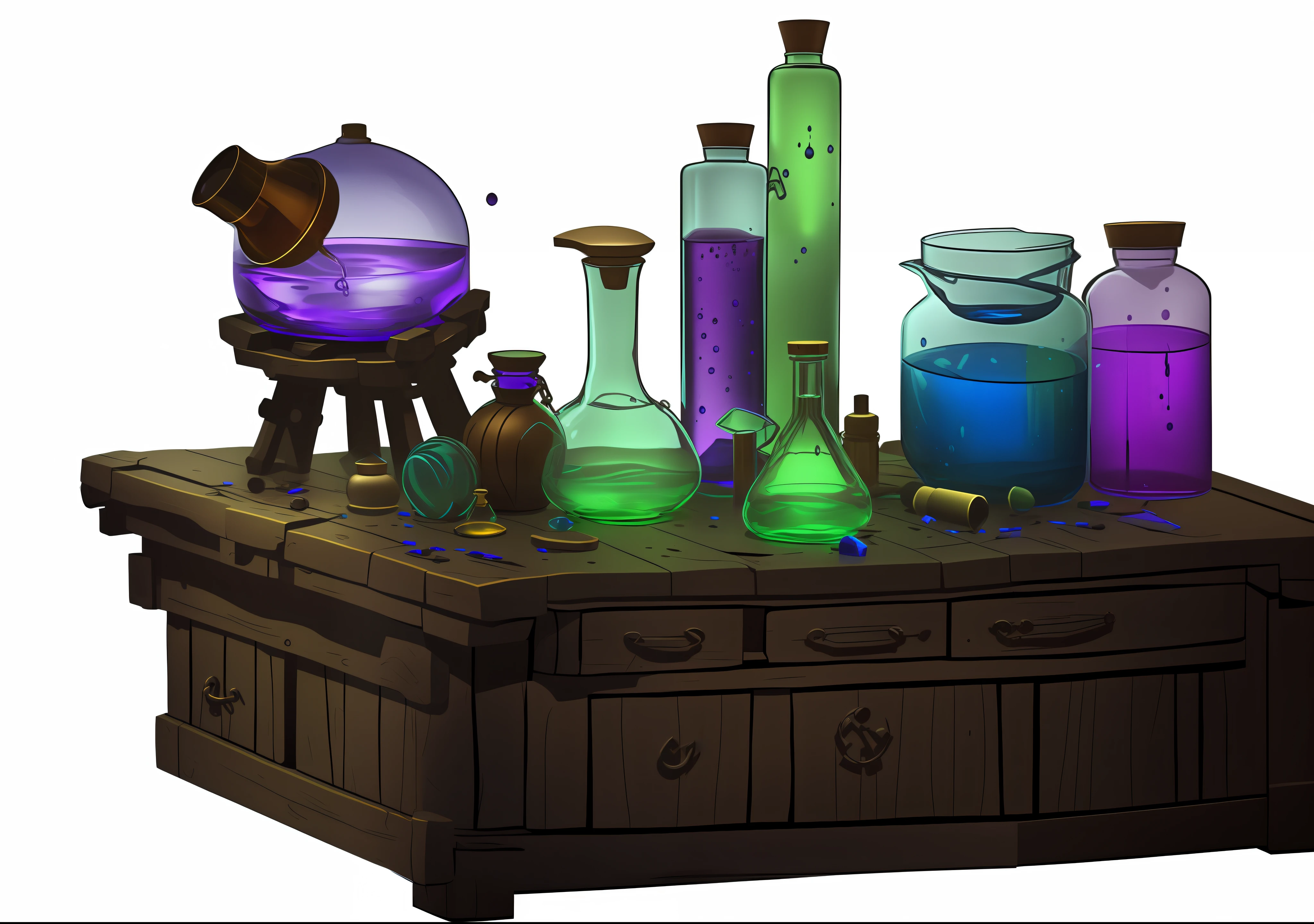 There are many glass bottles of different colors on the table, magic laboratory setting, magic lab background, fantasy alchemist laboratory, wizards laboratory, Magic potions, alchemist lab, potion, alchemy concept, alchemy laboratory, magical potions, potion belt, alchemist bottles, Inside the fantasy potion supplier, glowing potions, brewing potion in witch hut, potion, alchemist library background