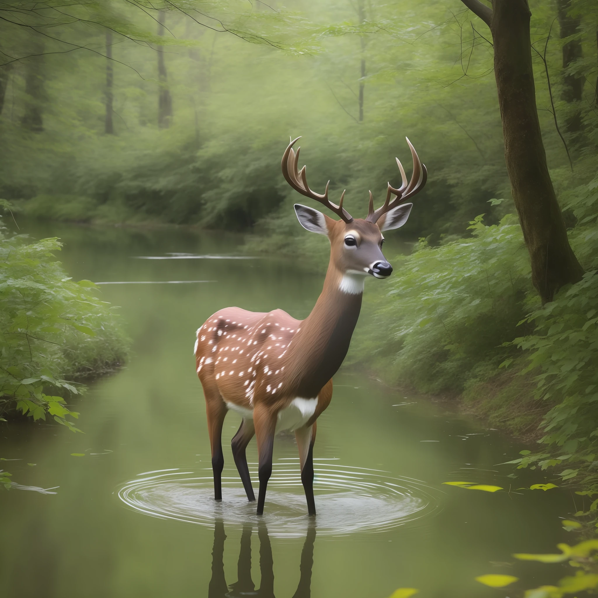 A deer is standing in the water, anthropomorphic deer, Deer drinking water in the lake, anthropomorphic deer, Deer in Sherwood Forest, Blue Forest、Fireflies flutter、In the deep forests of Hangul, extremely realistic photographs, very beautiful photo, amazing depth, Realistic nature, looking majestic in forest, Stock Photo, Deer portrait, Beautiful nature, deer, Wildlife Photography