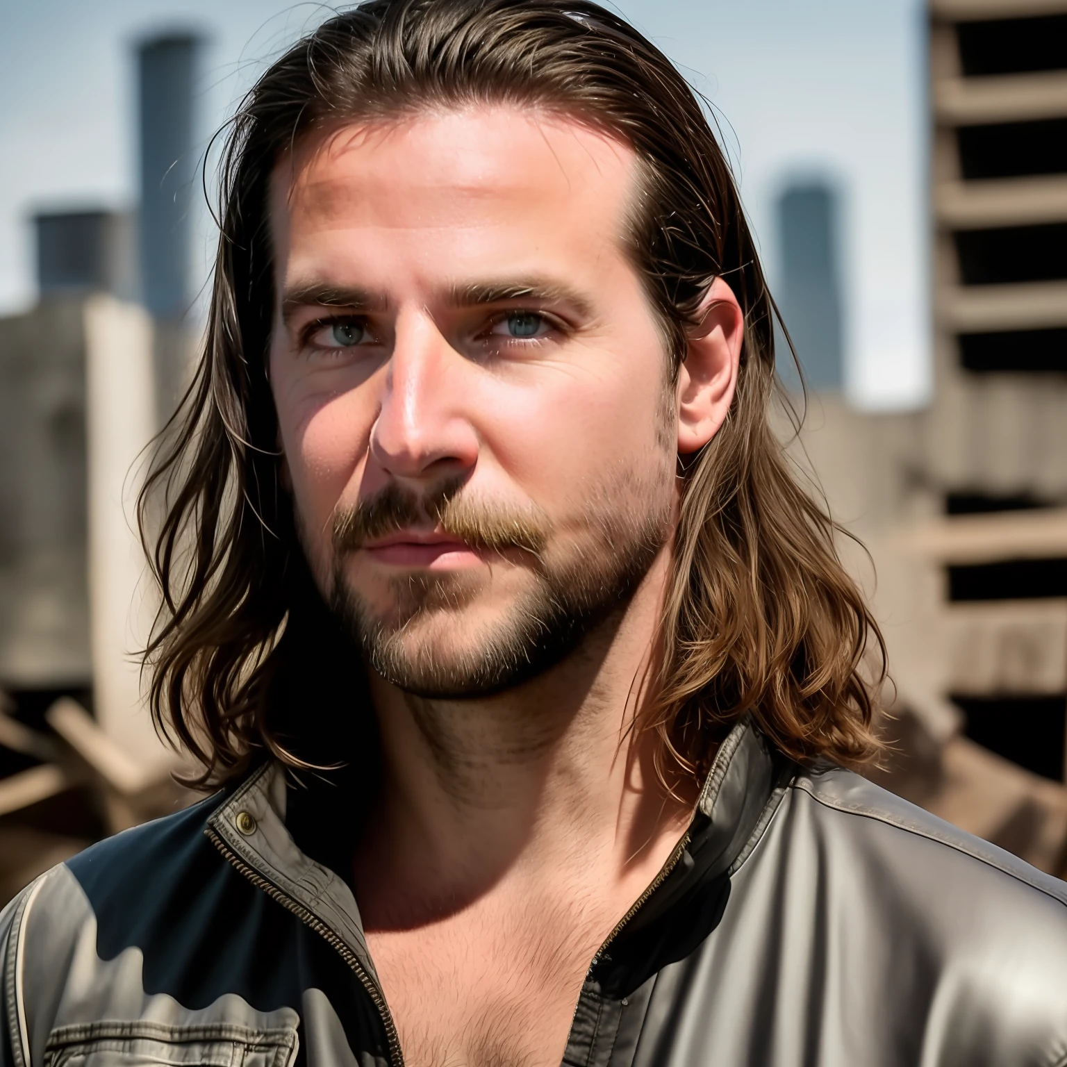 RAW photo, a medium shot portrait photo of bradley cooper in a tight white tank top and blue jeans, graying beard, long haircut, pale skin, muscular body, huge biceps, background is a refugee camp, (high detailed skin:1.2), 8k uhd, dslr, soft lighting, hig...