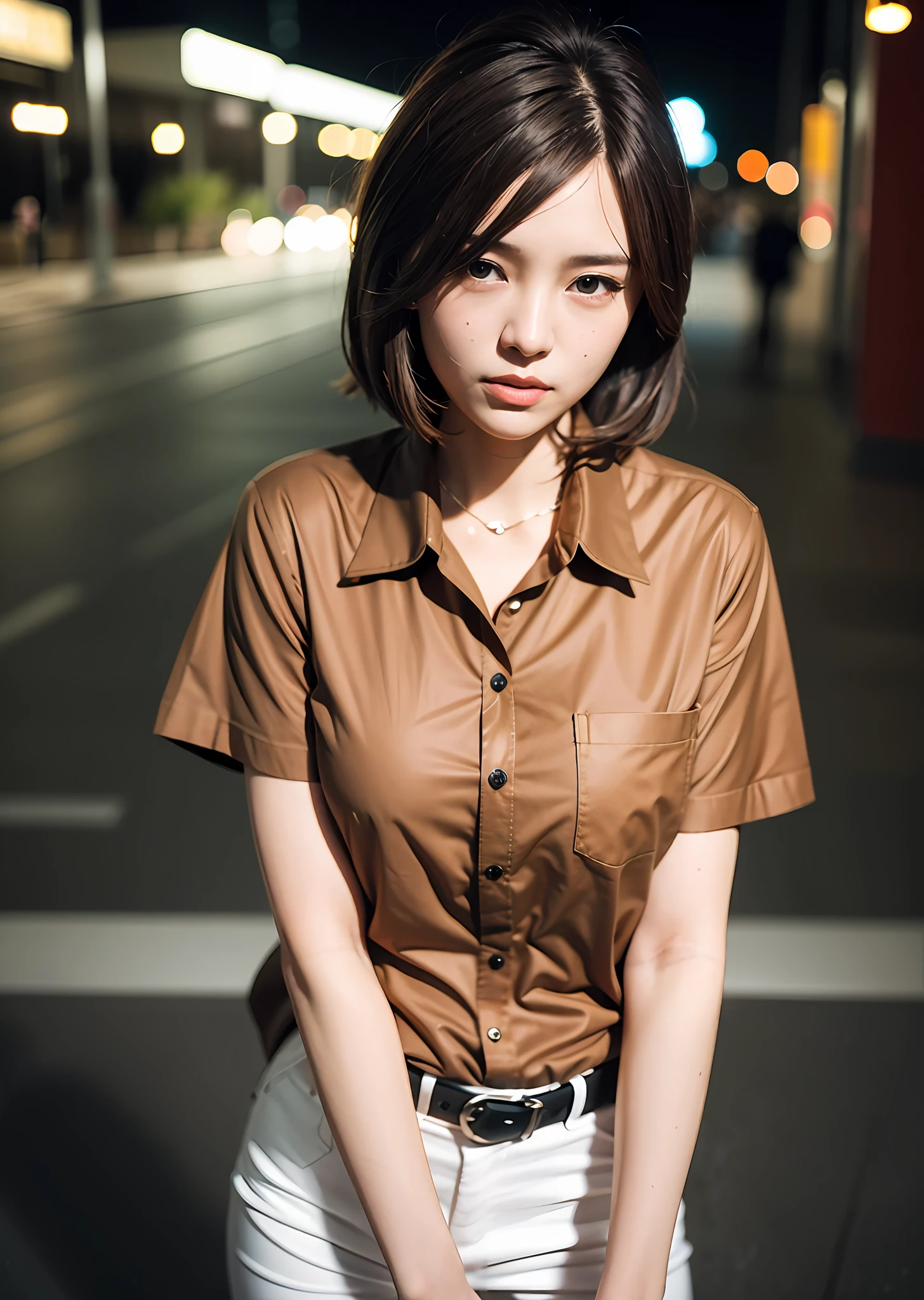 (Brown hair:1.5), (shirt:1.5), (Dim:1.6), (Dark night:1.5), alley, (Semi-closed Eyes:0.8), (Collared shirt:1.1), (Photorealistic:1.4), (Masterpiece:0.2), (Best quality:1.0), (超高分辨率:1.0), 8K, RAW photo, 1girll, Detailed skin, view the viewer,