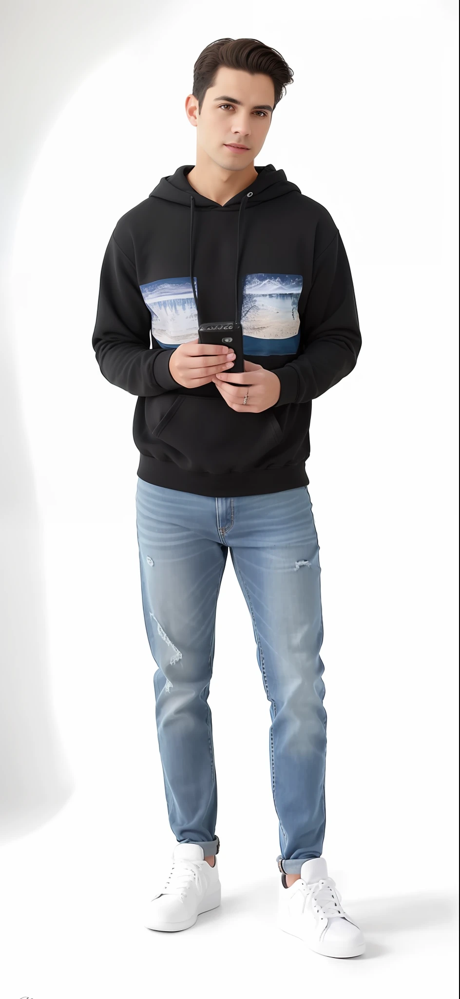 A man in a black sweatshirt and jeans posing for a photo, artista vestindo sujo, retrato de corpo inteiro, corpo inteiro!! Detalhes maximalistas, imagem de corpo inteiro, Artistic style, retrato realista de corpo inteiro (Foto perfeita, nitida, alta resolução, 4k, perfeita, foto realista, retrato, full hd ,cores vibrantes)