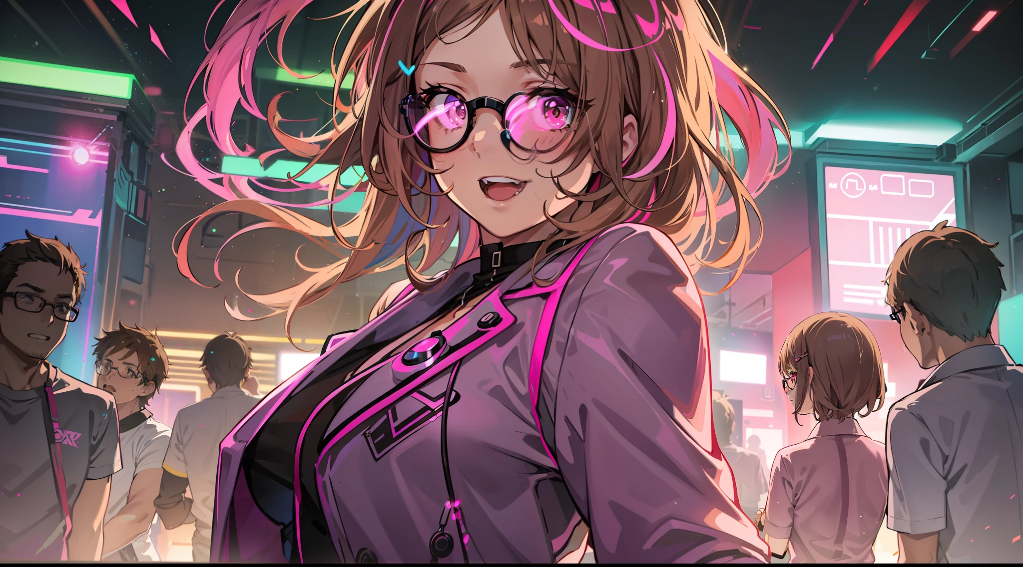 girl with light brown hair with pink streaks and wearing glasses in provocative clothes dances happily in a dance music club, glowing lights and lasers lights, some people dancing in the background, 2d anime style