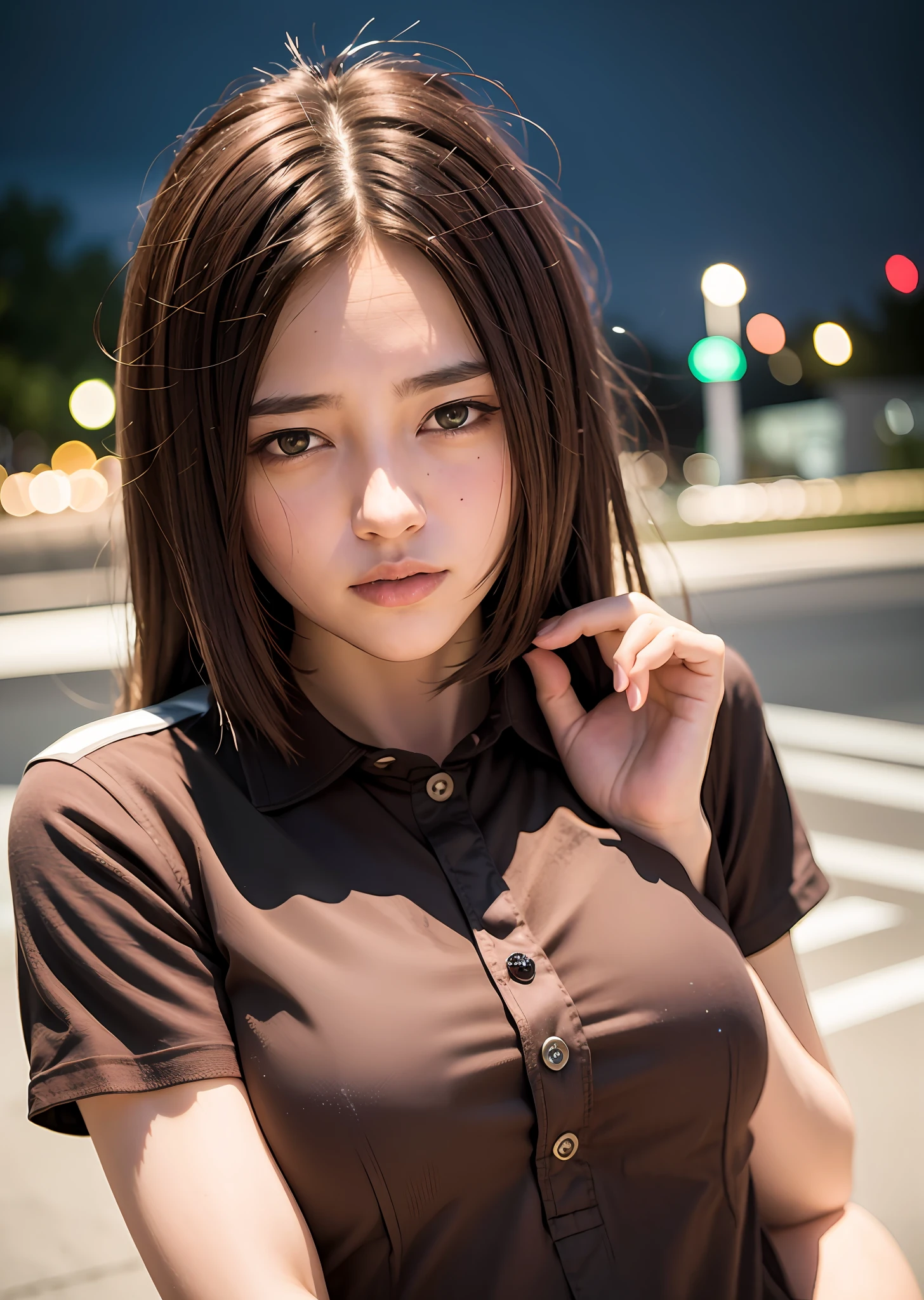 (Brown hair:1.5), (shirt:1.5), (Dim:1.6), (Dark night:1.5), alley, (Semi-closed Eyes:0.8), (Collared shirt:1.1), (Photorealistic:1.4), (Masterpiece:0.2), (Best quality:1.0), (超高分辨率:1.0), 8K, RAW photo, 1girll, Detailed skin, view the viewer,
