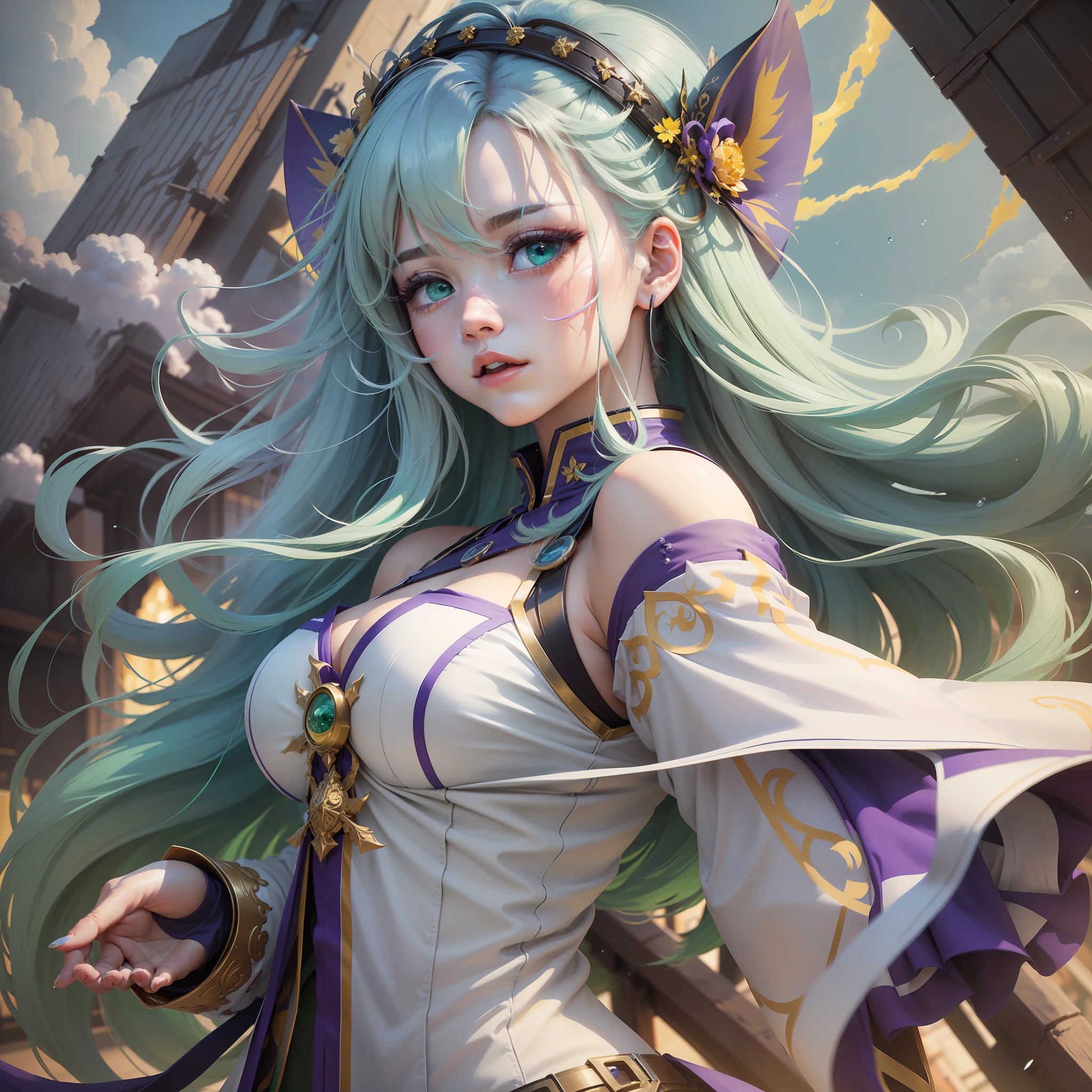 (Masterpiece of the highest quality)、Super detailed and beautiful CG、kosmos、cyberpunked、skyscraper、Planktonic、hight resolution、on clouds、Powerful angles、Dynamic poses、1人、blue eyess、(multicolored hair+Silvery hair:1.3+red hairs:1.2+purple color  hair+yellow  hair:1.3+green colored hair:1.3)、White martial arts costume、choker necklace、Sensual look、Too many water droplets、​​clouds、dim light、wide Shots、aquarelle。