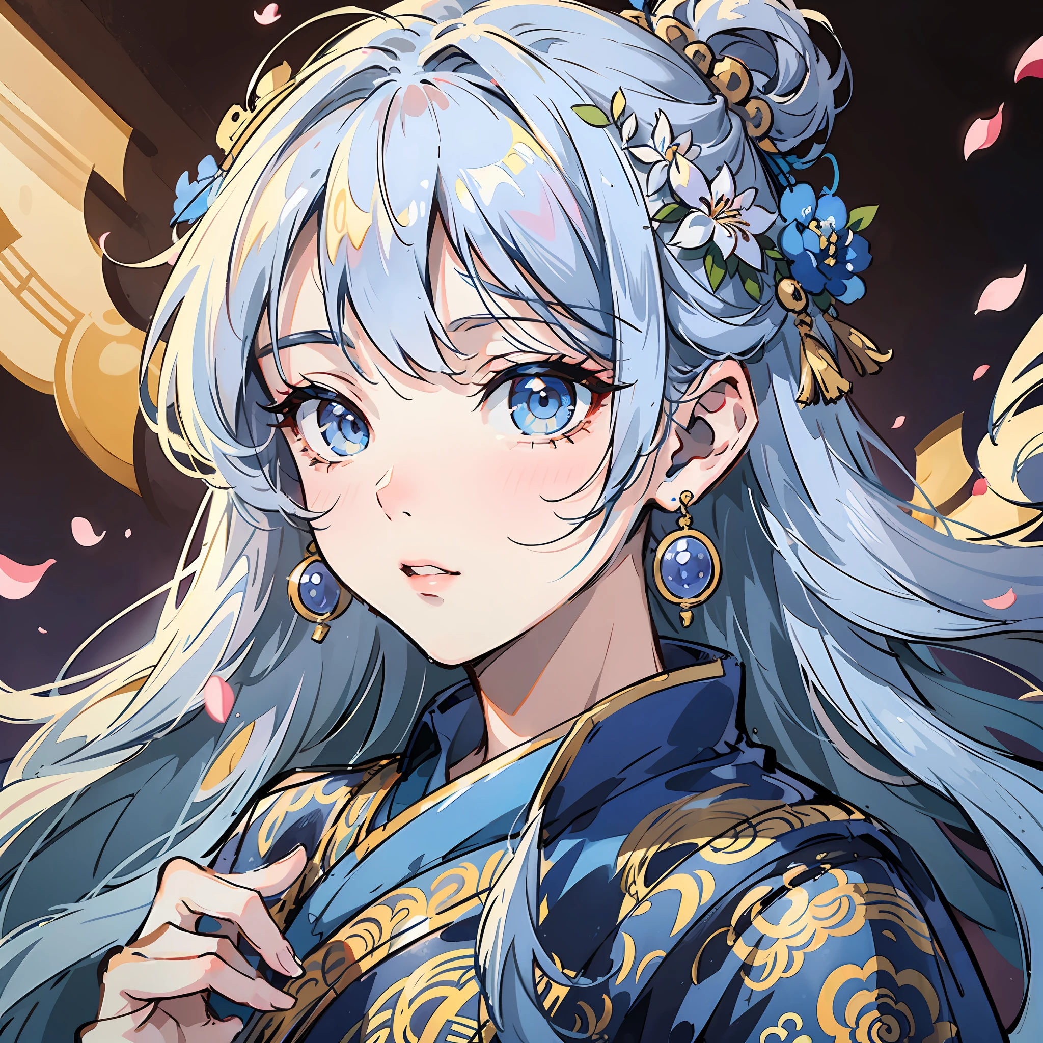 tmasterpiece,Best Picture Quality,ultra-detailliert,Super delicate,Mature girl,blue color eyes,Blue-white hair color,Floating hair,Delicate and agile eyes,Intricate damask hanfu,Gorgeous accessories,Wearing pearl earrings,Background of ancient Chinese architecture,Petals flying,Frontal portrait shot,Side lighting,The sun shines on people,8K分辨率。