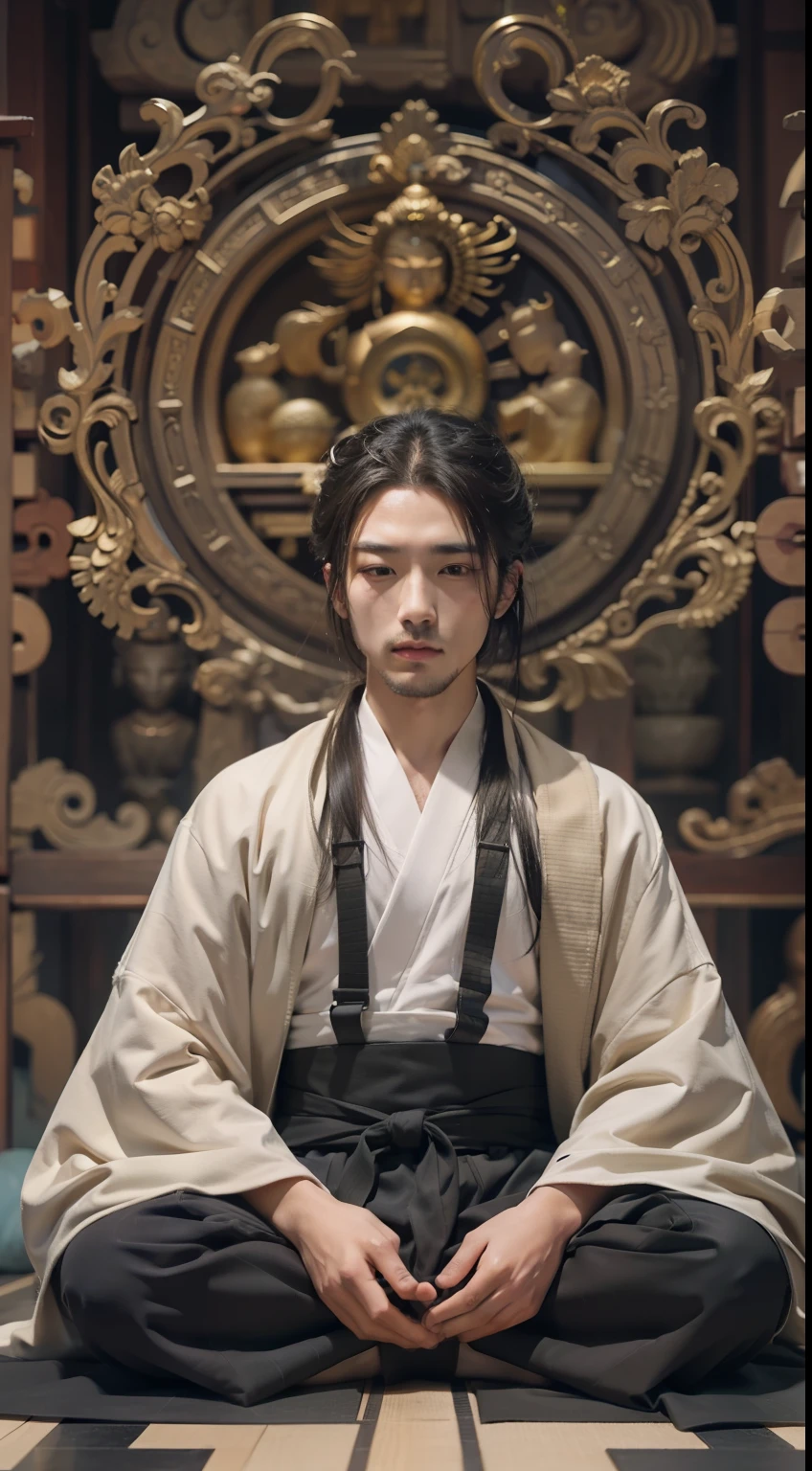 masutepiece, Best Quality, hight resolution, photoreaslistic, Detailed face, Handsome man meditating in front of a shining altar, Middle-aged man,Stubble,Emitting an aura,inspired by Kaigetsudō Anchi, a temple background, inspired by Shūbun Tenshō, zen temple background, Zen Cyberpunk Meditation, inspired by Torii Kiyomitsu, inspired by Itō Jakuchū, Inspired by Hayami Xingzhou