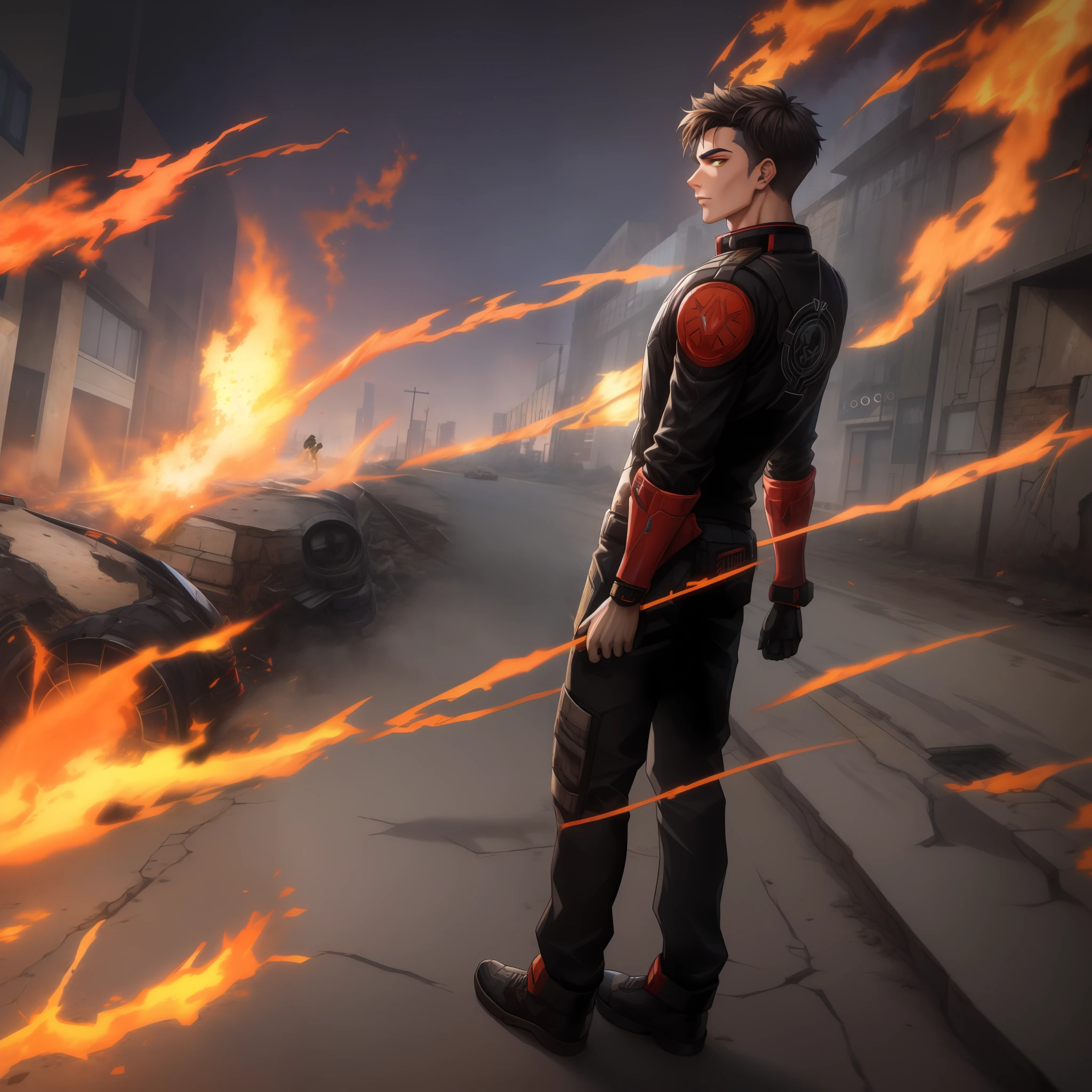 A handsome teenager,Stand on a ruined street with broken walls,Colorful paints fly around you,The boy's body was full of flames,The contour is sharp,cyber punk perssonage,Faraway view,4K