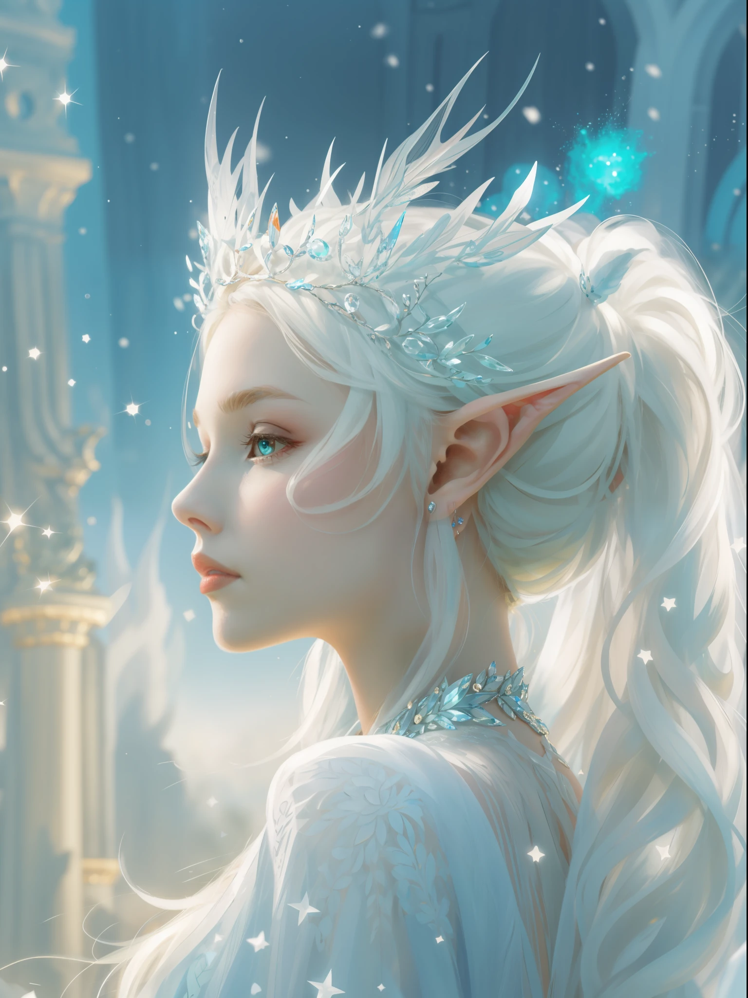 A woman with a crown and a TIA on her head, beautiful and elegant elf queen, Guviz, Fantasy art style, 8K high quality detailed art, Elf Princess, alluring elf princess knight, digital fantasy art , beautiful elven princess, beautiful and elegant female elf,（Perfect full-body portrait，tilt of the head，BREAK BREAK BREAK,），（WLOP painter style，glitters，Blue sparkling eyeshadow）， (long  white hair，White-colored skin，Elf Girl，The skin is translucent white，sparkle in eyes，The elves were dressed in pure white)，beautiful  face，Lonely pale face，facing to audience，Particle，Glow，Guviz-style artwork, WLOP Art