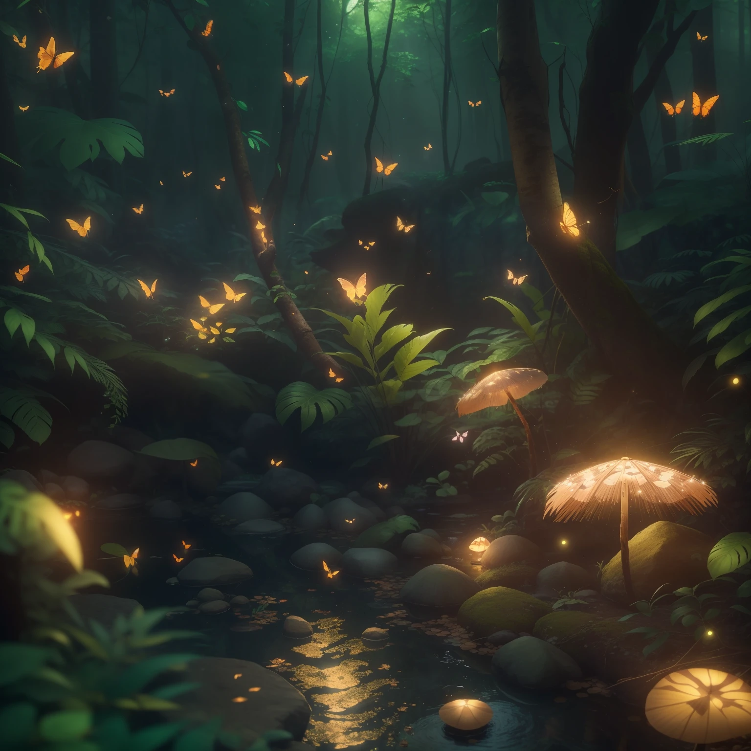 A masterpiece, the best quality, stunning reflections, the best reflections ever. (very detailed CG unity 8k wallpapers), (best quality), (best illustrations), (best shadows), forest theme with natural elements. Tall trees, quiet streams, small glowing mushrooms surrounded by delicate leaves and branches, with fireflies and glowing particle effects,, (natural elements), (jungle theme), (leaves), (twigs), (fireflies), butterflies, (delicate leaves), (glow), (particle effects). , Isometric 3D, Octane Rendering, Ray Traced, Super Detailed