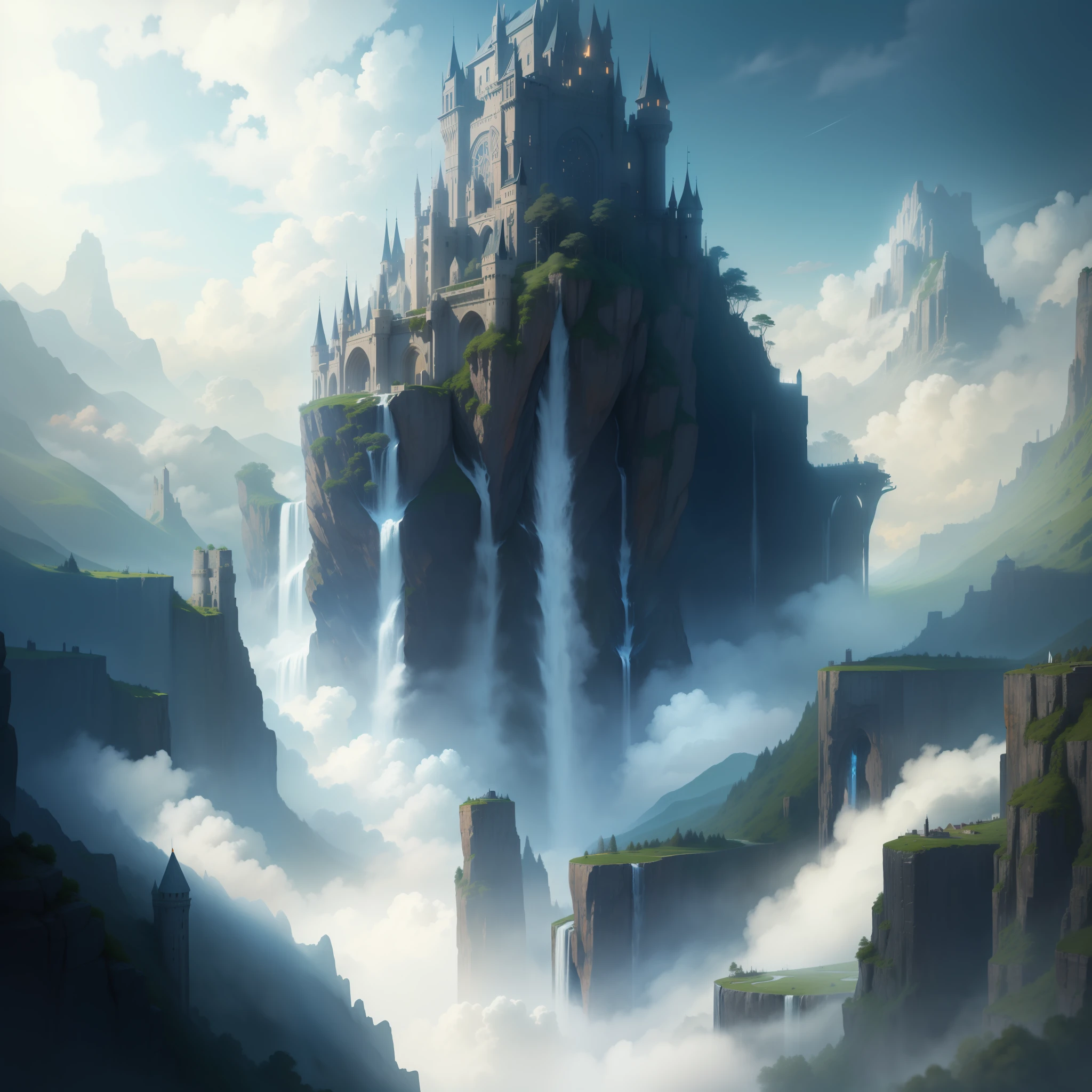 A huge castle rises above the clouds、Fantasy sci-fi otherworldly giant waterfall cascades down there、Nature spreads around、A huge structure is being built。As a masterpiece of the highest quality、Expressed in ultra-high resolution。