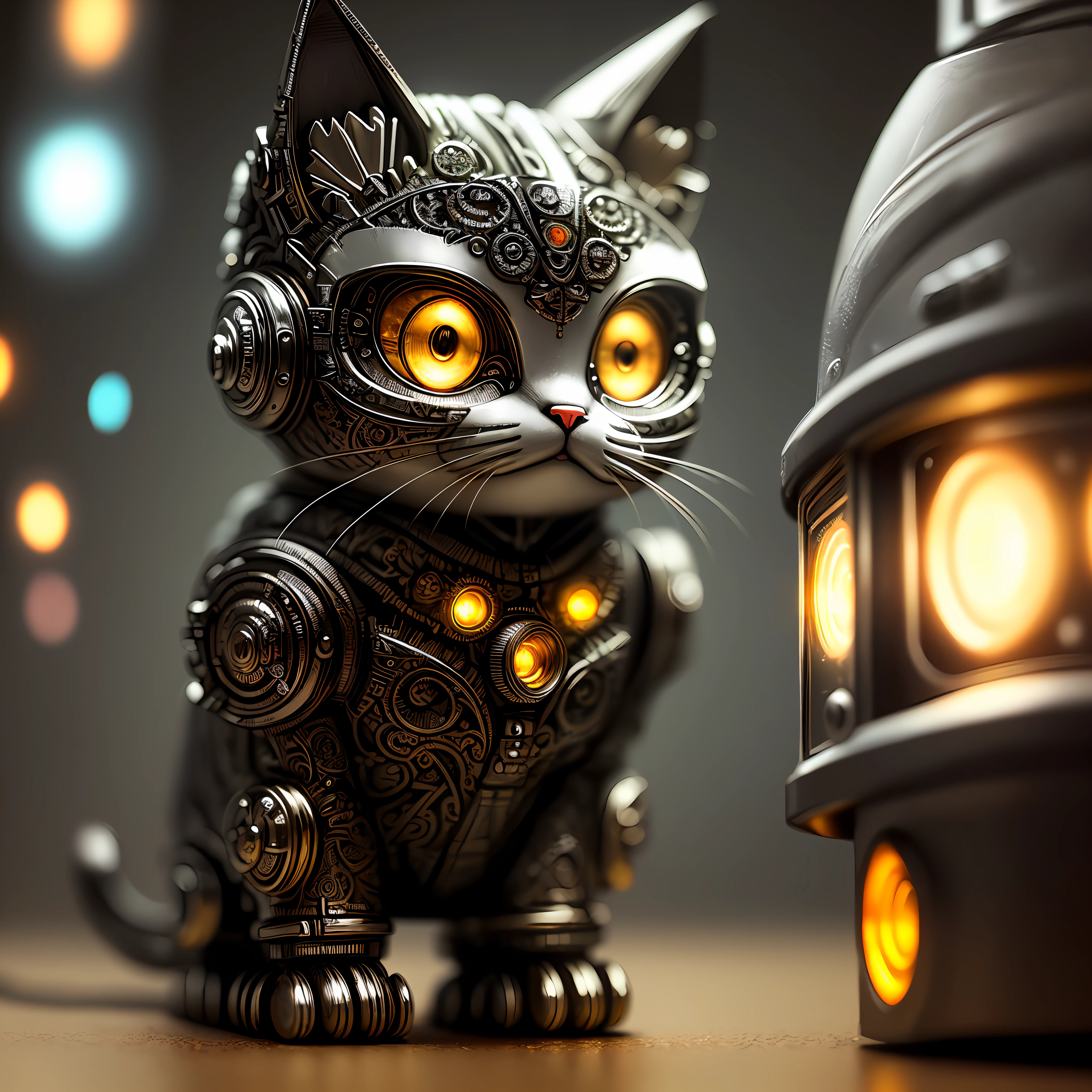 cute kitten made of metal, cyborg, cyberpunk style, ((intricate details)), hdr, big eyes, ((intricate details, hyperdetailed)), vacuum tube or electron tube, cinematic background, vignette, bokeh effect backdrop