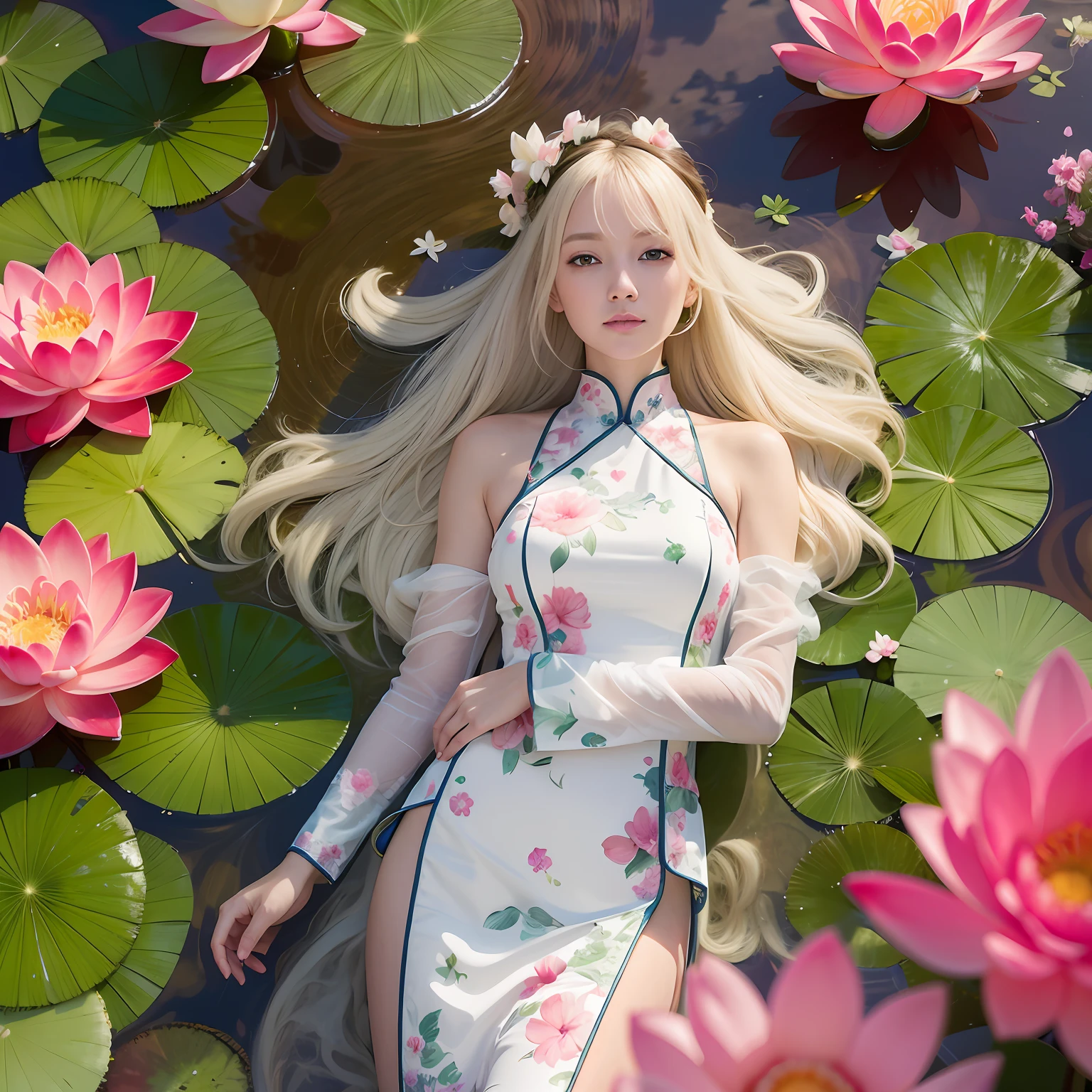 Blonde woman in white dress lying on water lily bed, 🌺 CGSesociety, trending on cgstation, Palace , A girl in Hanfu, Ross Tran 8 K, standing gracefully upon a lotus, Beautiful digital artwork, inspired by Yanjun Cheng, Guviz-style artwork, Guviz, Deviantart ArtStation CGSCOSIETY
